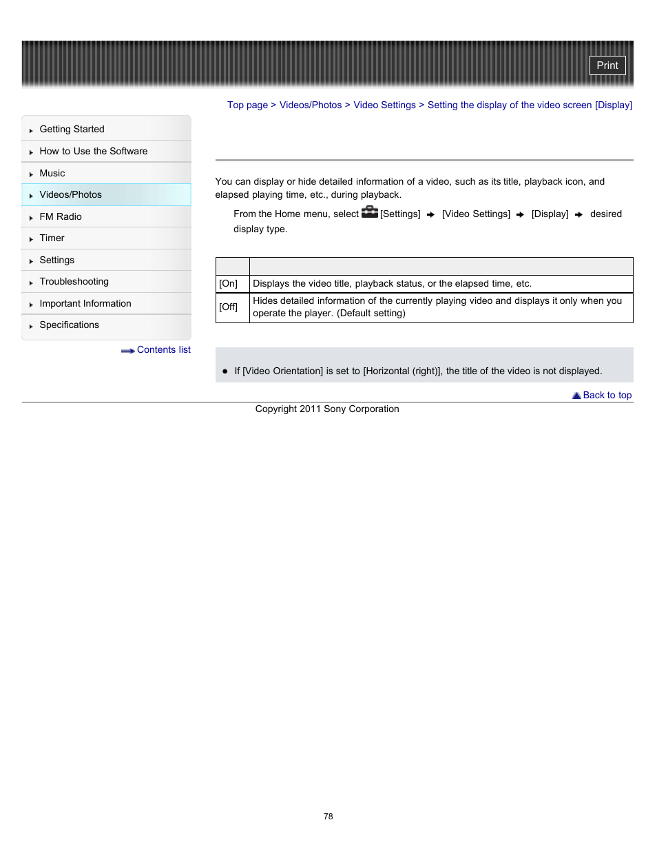 Setting the display of the video screen [display, Details | Sony NWZ-E364BLK User Manual | Page 78 / 172