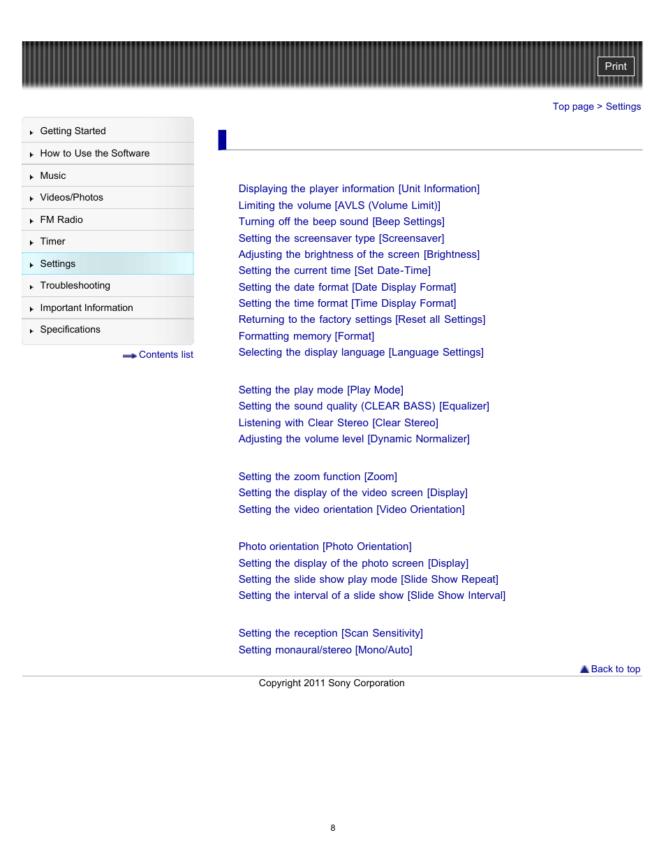 Settings | Sony NWZ-E364BLK User Manual | Page 8 / 172