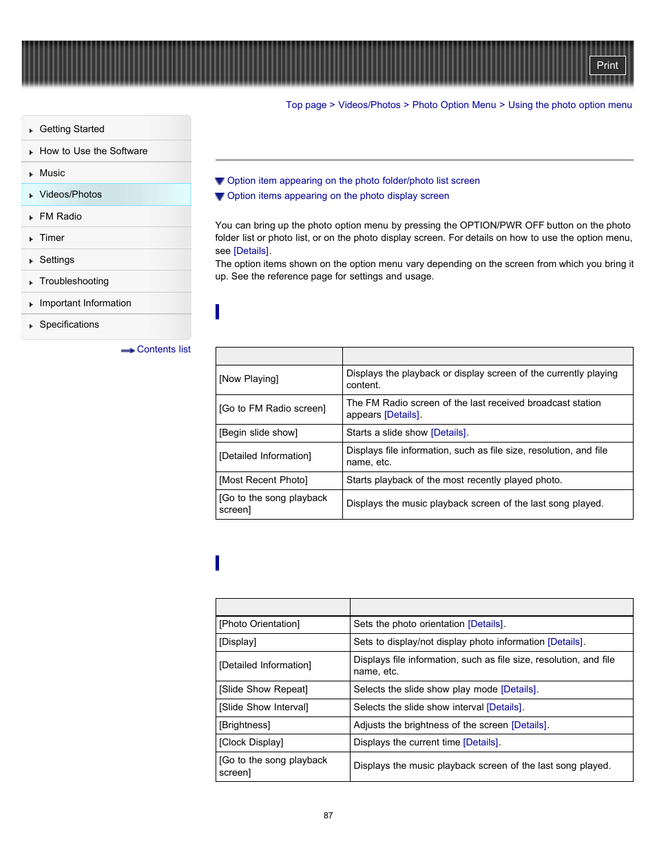 Using the photo option menu | Sony NWZ-E364BLK User Manual | Page 87 / 172