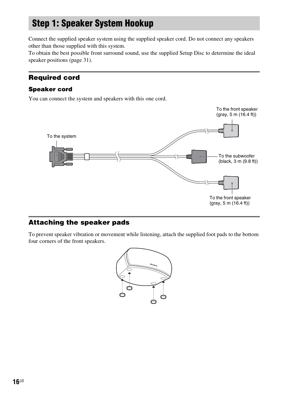 Step 1: speaker system hookup | Sony DAV-X1 User Manual | Page 16 / 99