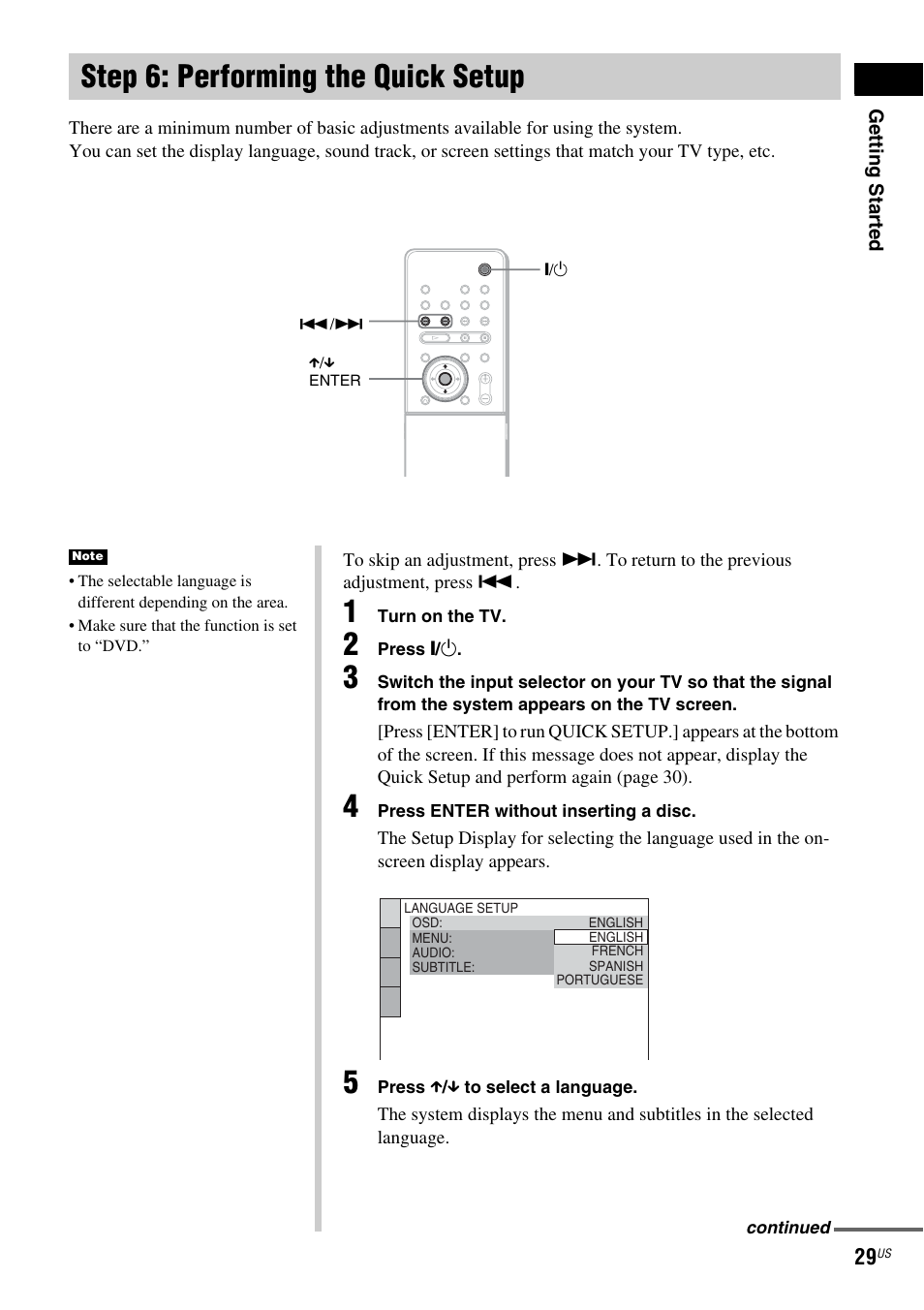 Step 6: performing the quick setup | Sony DAV-X1 User Manual | Page 29 / 99