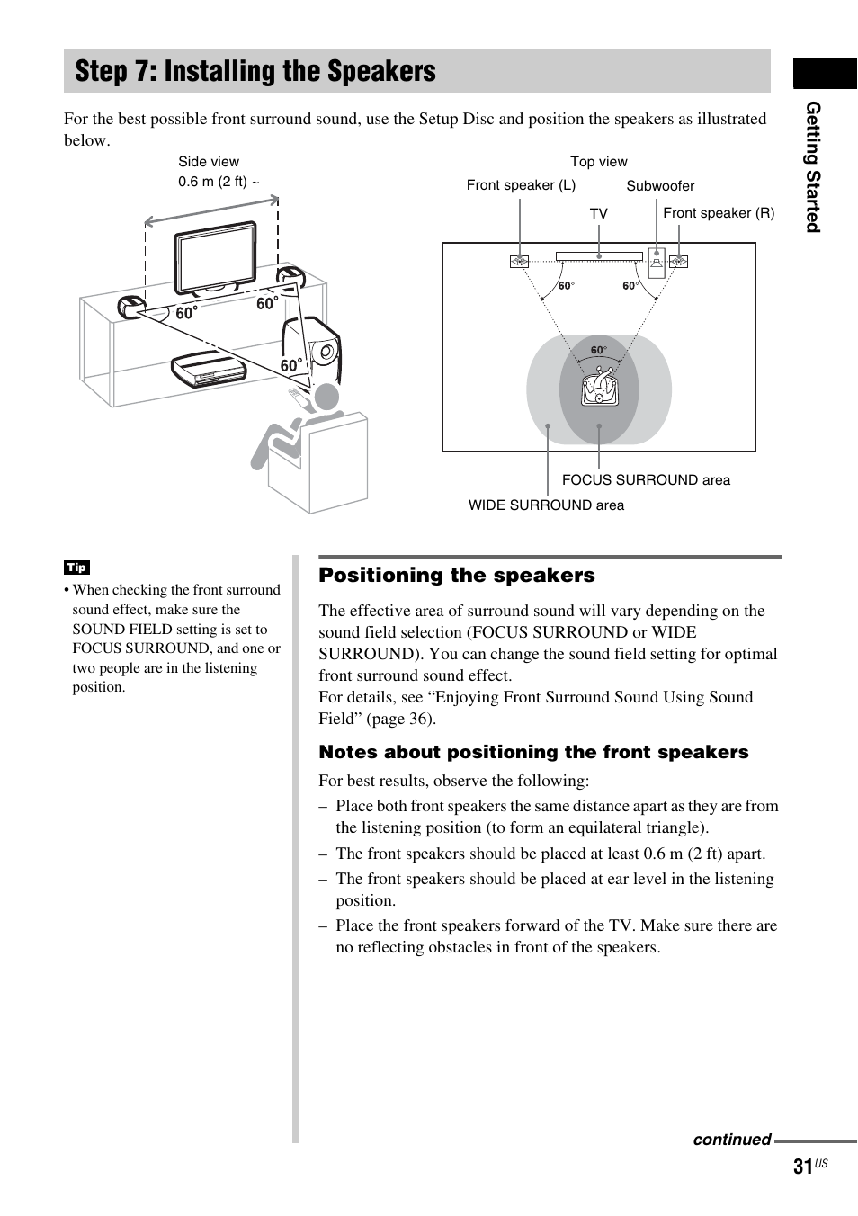 Step 7: installing the speakers, Positioning the speakers | Sony DAV-X1 User Manual | Page 31 / 99