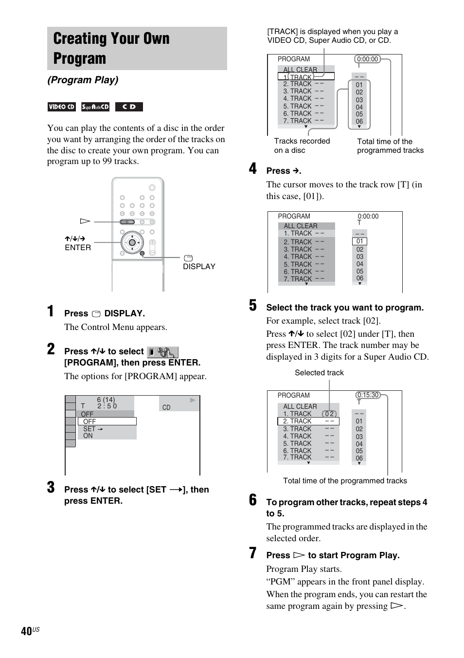 Creating your own program, Program play) | Sony DAV-X1 User Manual | Page 40 / 99