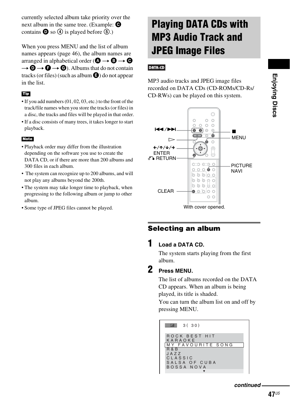 Playing data cds with mp3 audio, Track and jpeg image files, Selecting an album | Sony DAV-X1 User Manual | Page 47 / 99