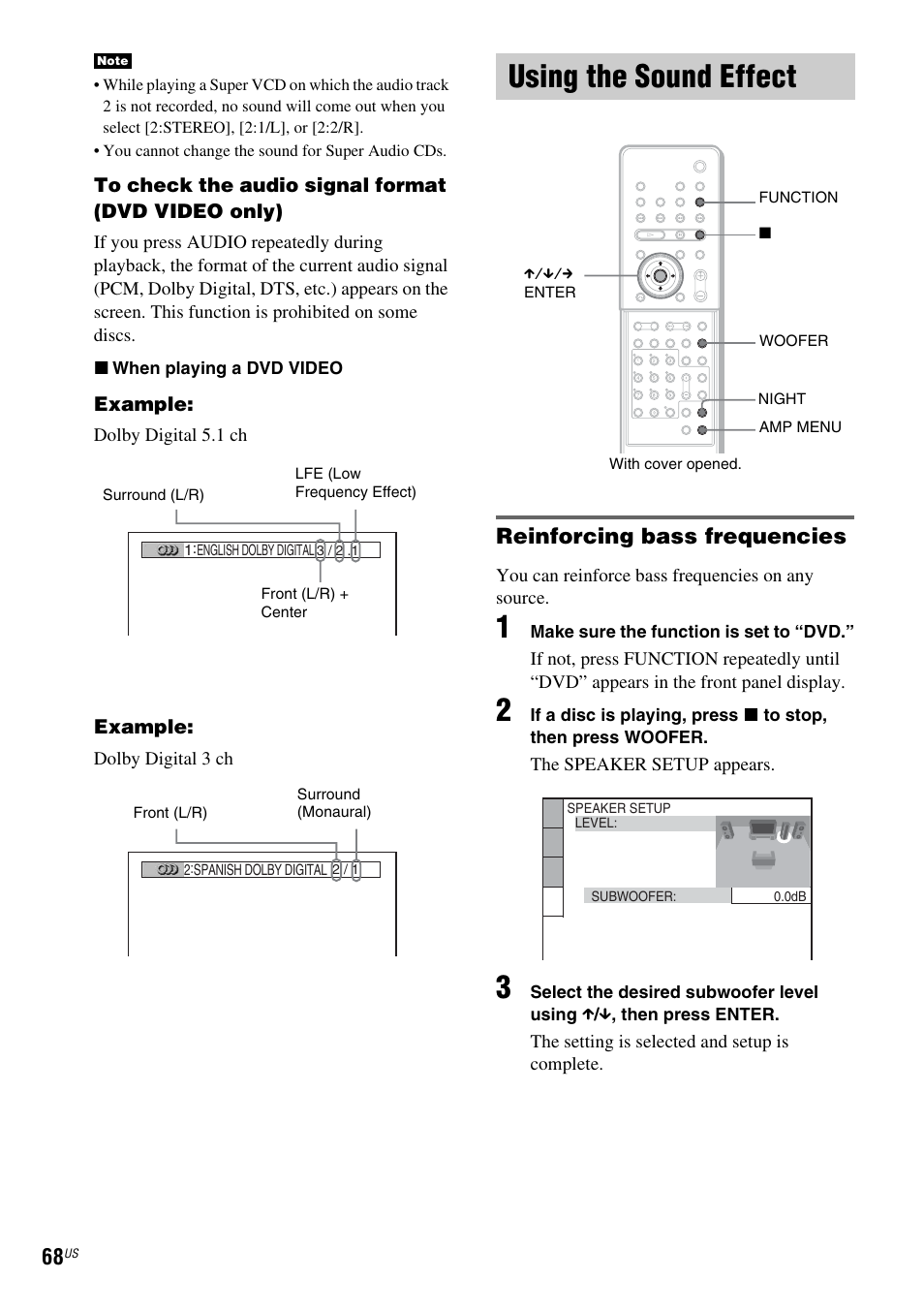 Using the sound effect, Reinforcing bass frequencies | Sony DAV-X1 User Manual | Page 68 / 99