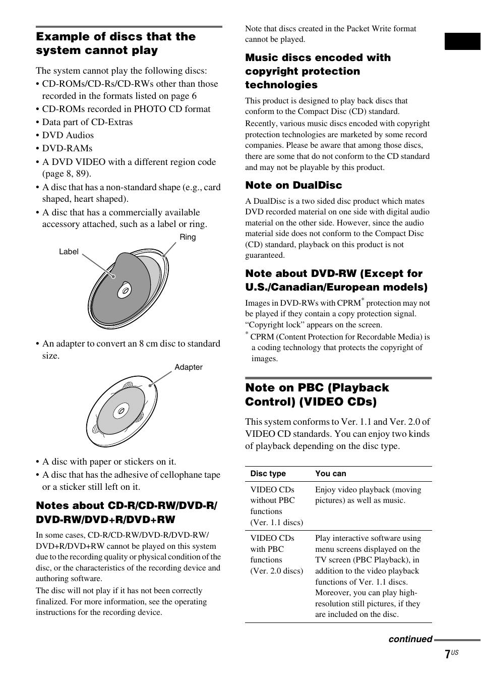 Example of discs that the system cannot play | Sony DAV-X1 User Manual | Page 7 / 99