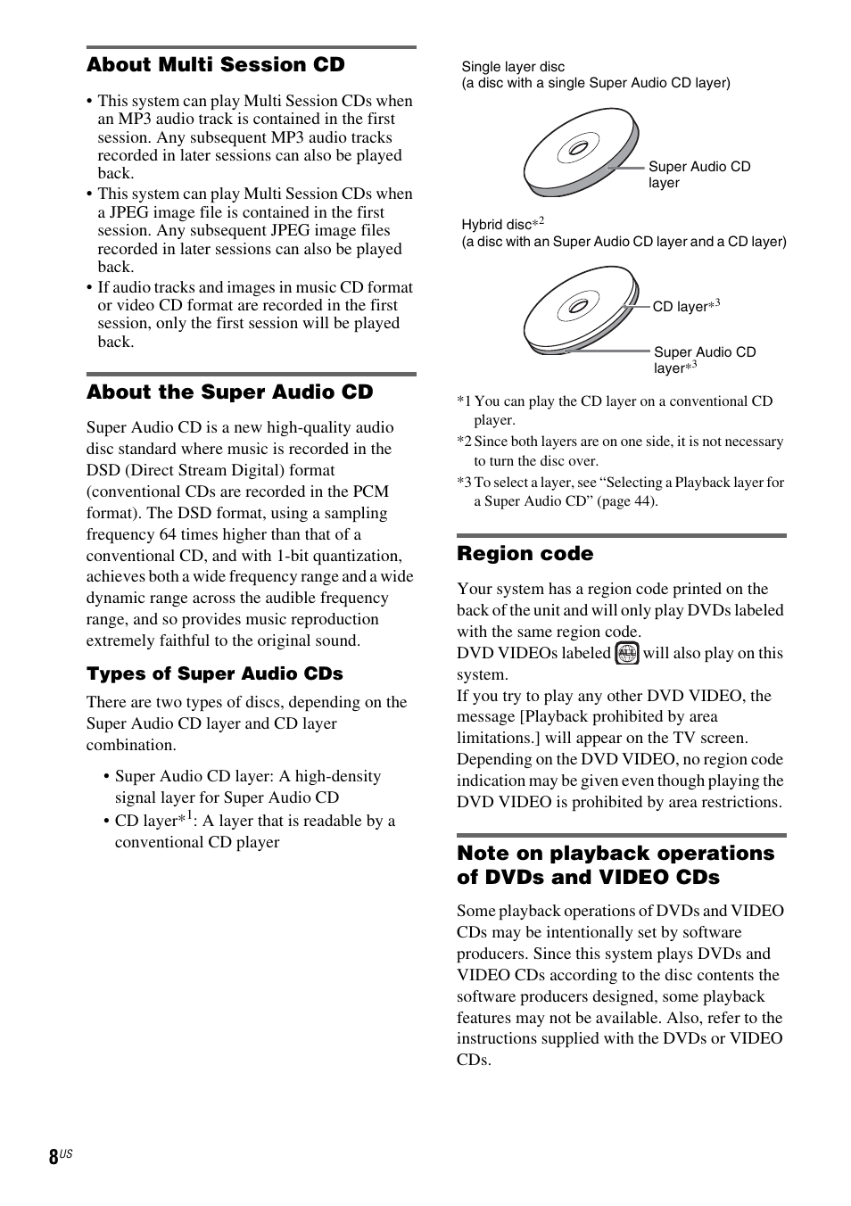 About multi session cd, About the super audio cd, Region code | Sony DAV-X1 User Manual | Page 8 / 99