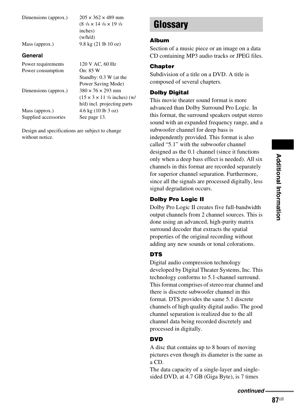 Glossary | Sony DAV-X1 User Manual | Page 87 / 99