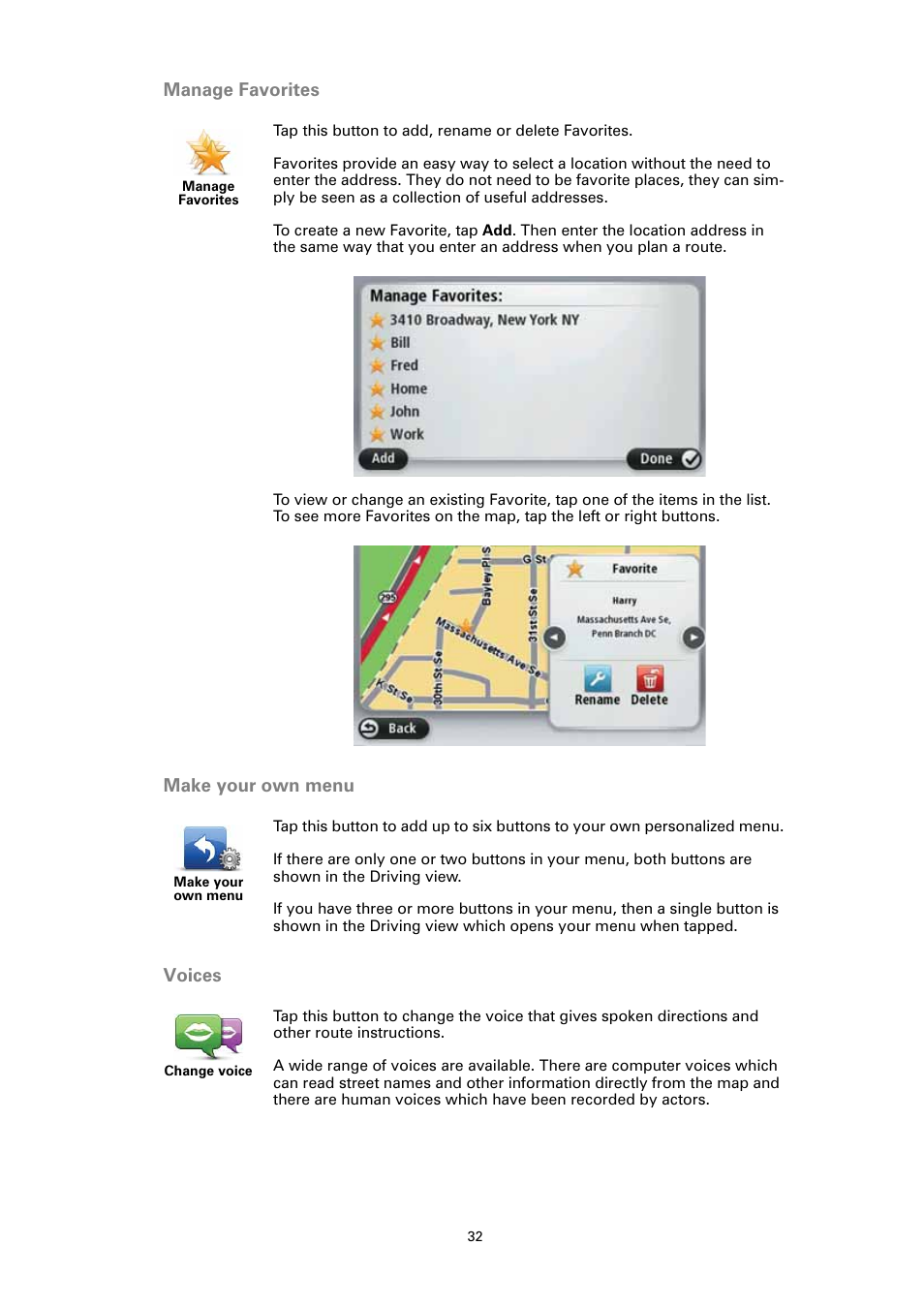 Manage favorites, Make your own menu, Voices | Manage favorites make your own menu voices | Sony XAV-701HD User Manual | Page 32 / 63