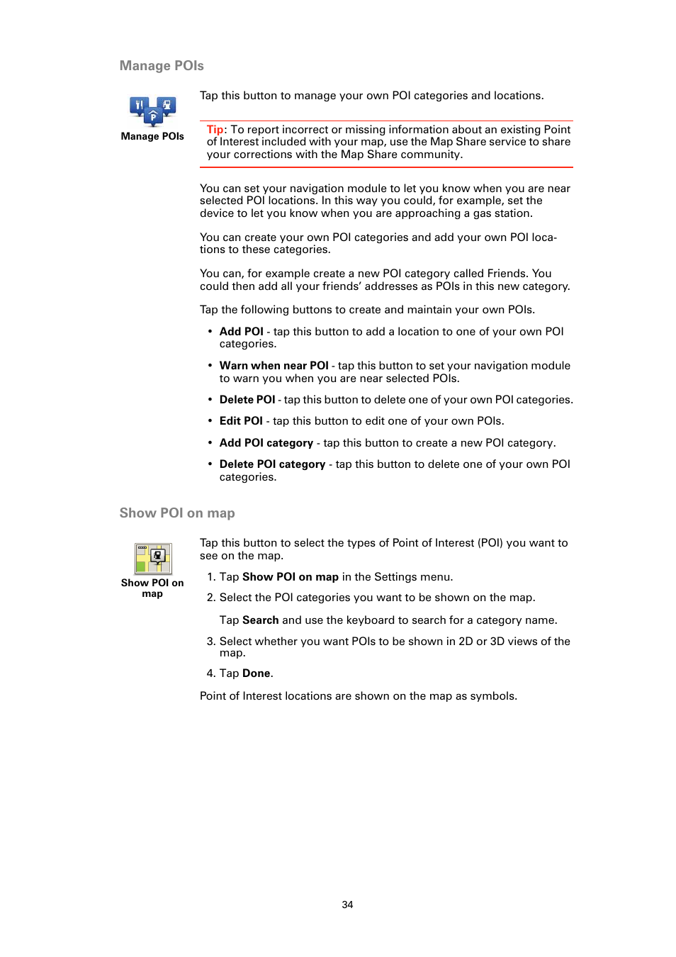 Manage pois, Show poi on map, Manage pois show poi on map | Sony XAV-701HD User Manual | Page 34 / 63