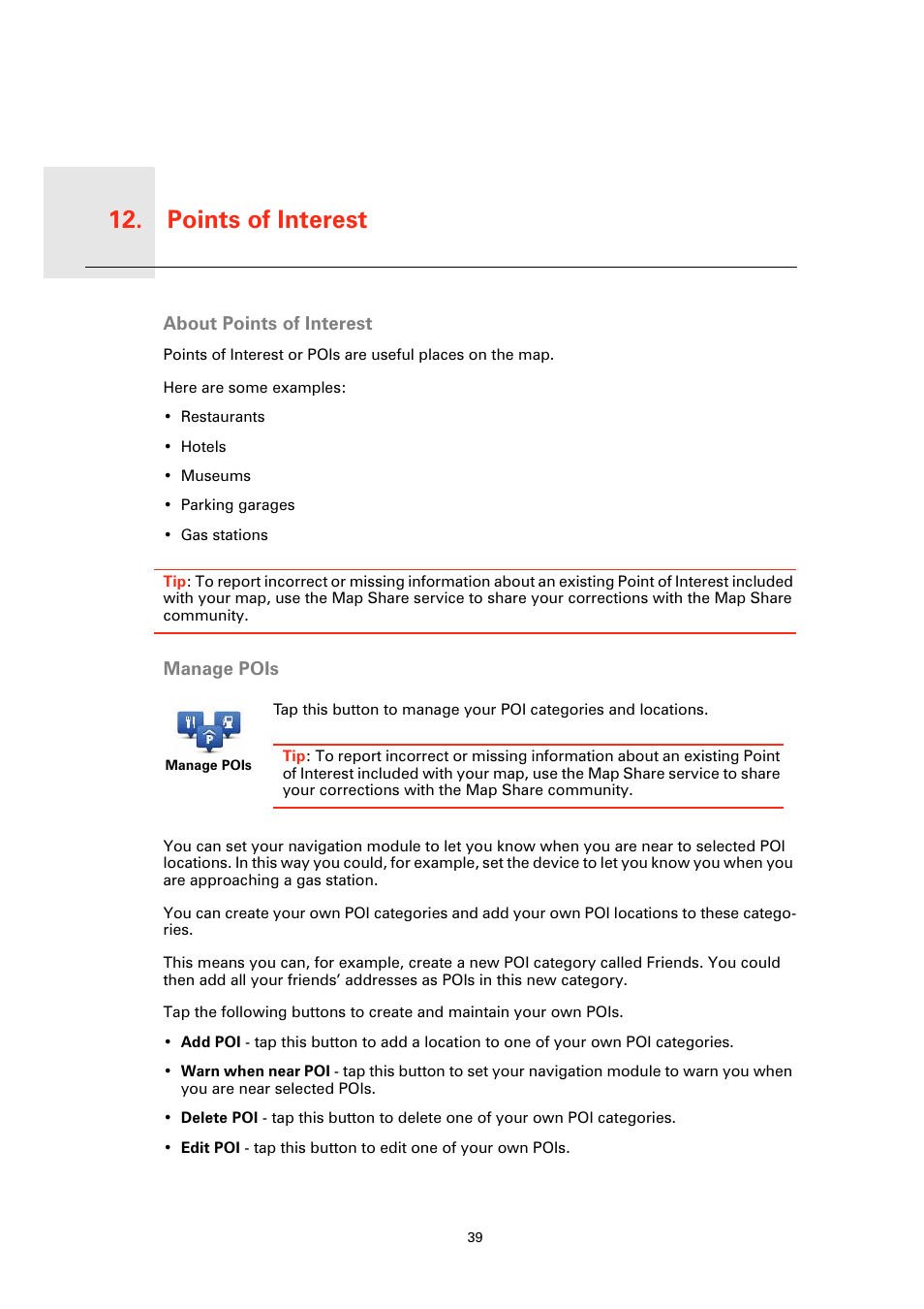 Points of interest, About points of interest, Manage pois | Points of interest 12 | Sony XAV-701HD User Manual | Page 39 / 63