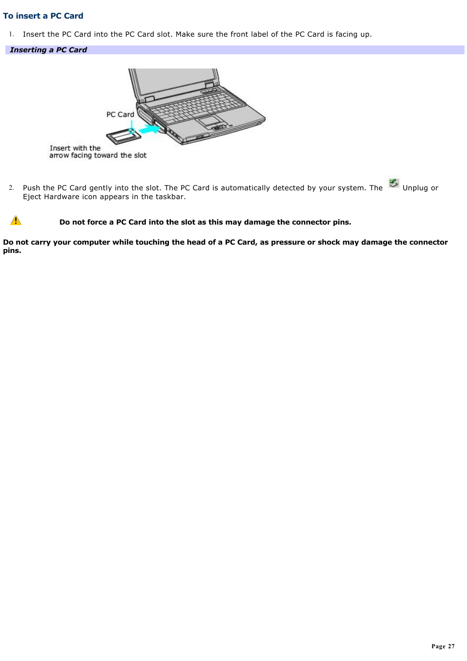 To insert a pc card | Sony PCG-NV170P User Manual | Page 27 / 188