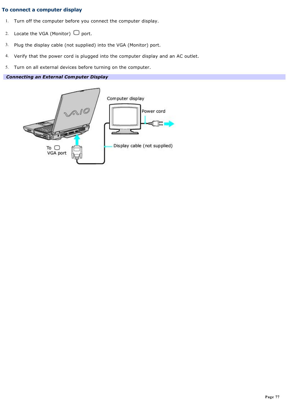 To connect a computer display | Sony PCG-NV170P User Manual | Page 77 / 188