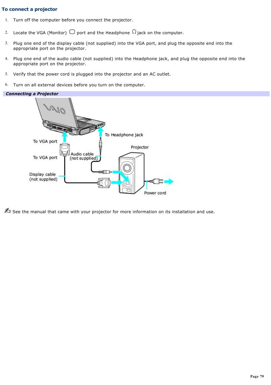 To connect a projector | Sony PCG-NV170P User Manual | Page 79 / 188