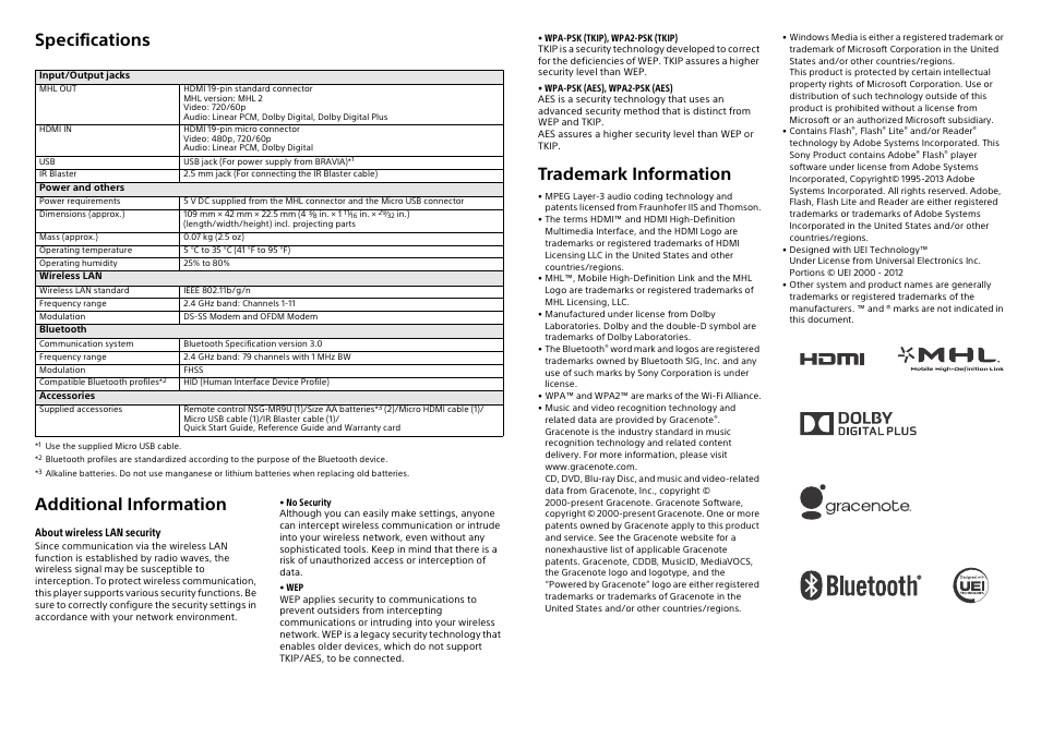 Specifications, Additional information, Trademark information | Sony NSZ-GU1 User Manual | Page 2 / 2