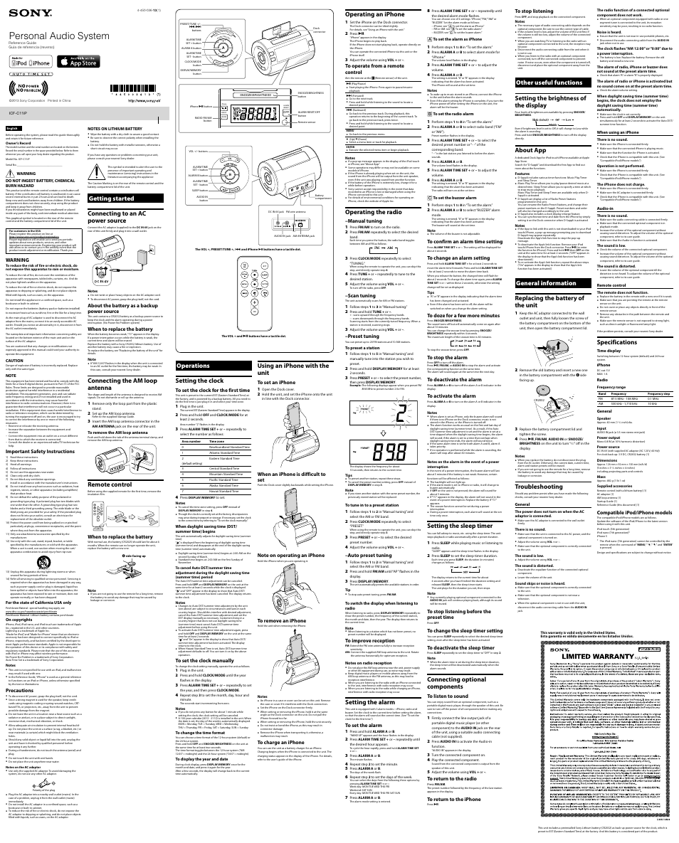 Sony ICF-C11iP User Manual | 2 pages