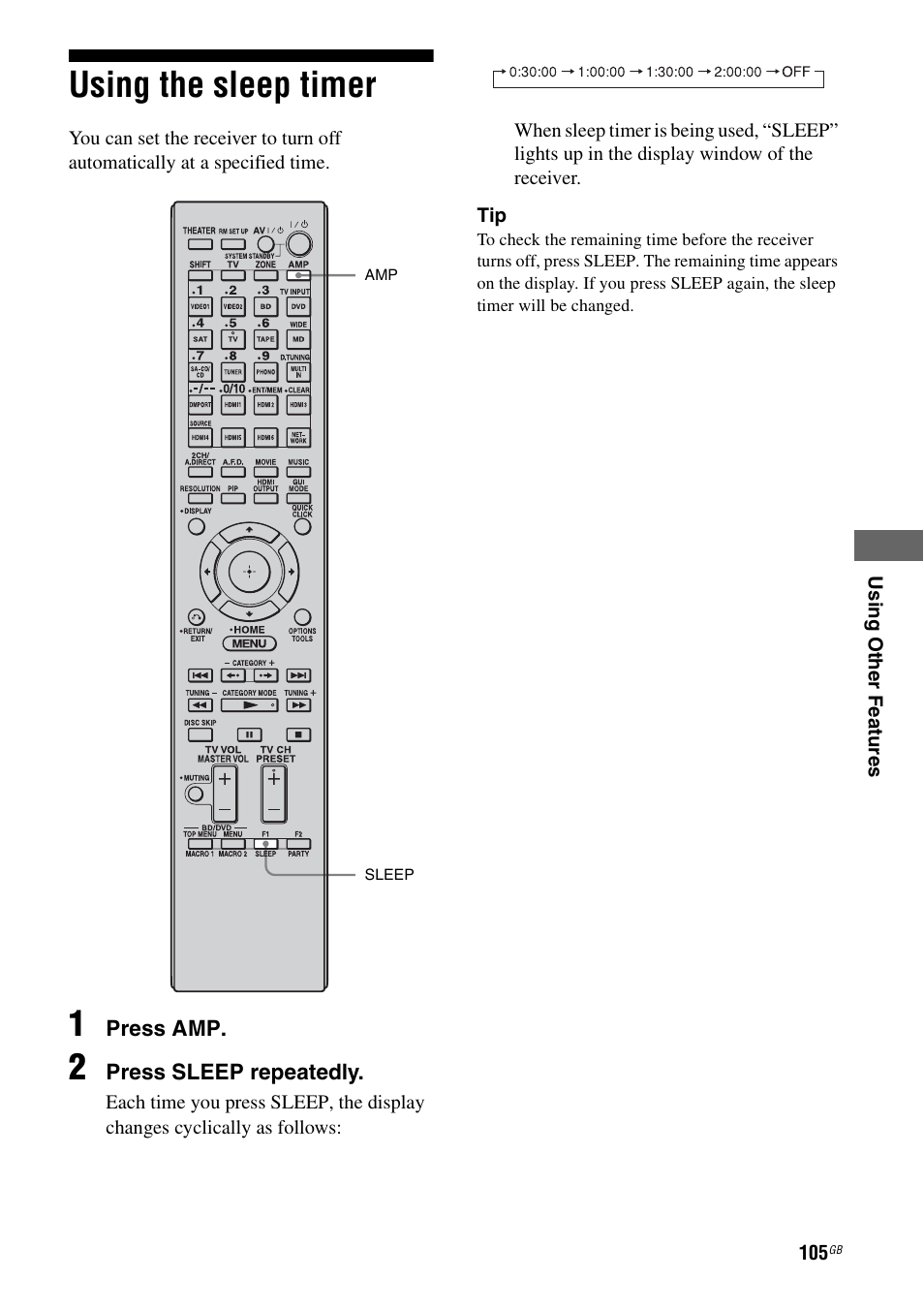 Using the sleep timer | Sony STR-DA6400ES User Manual | Page 105 / 175