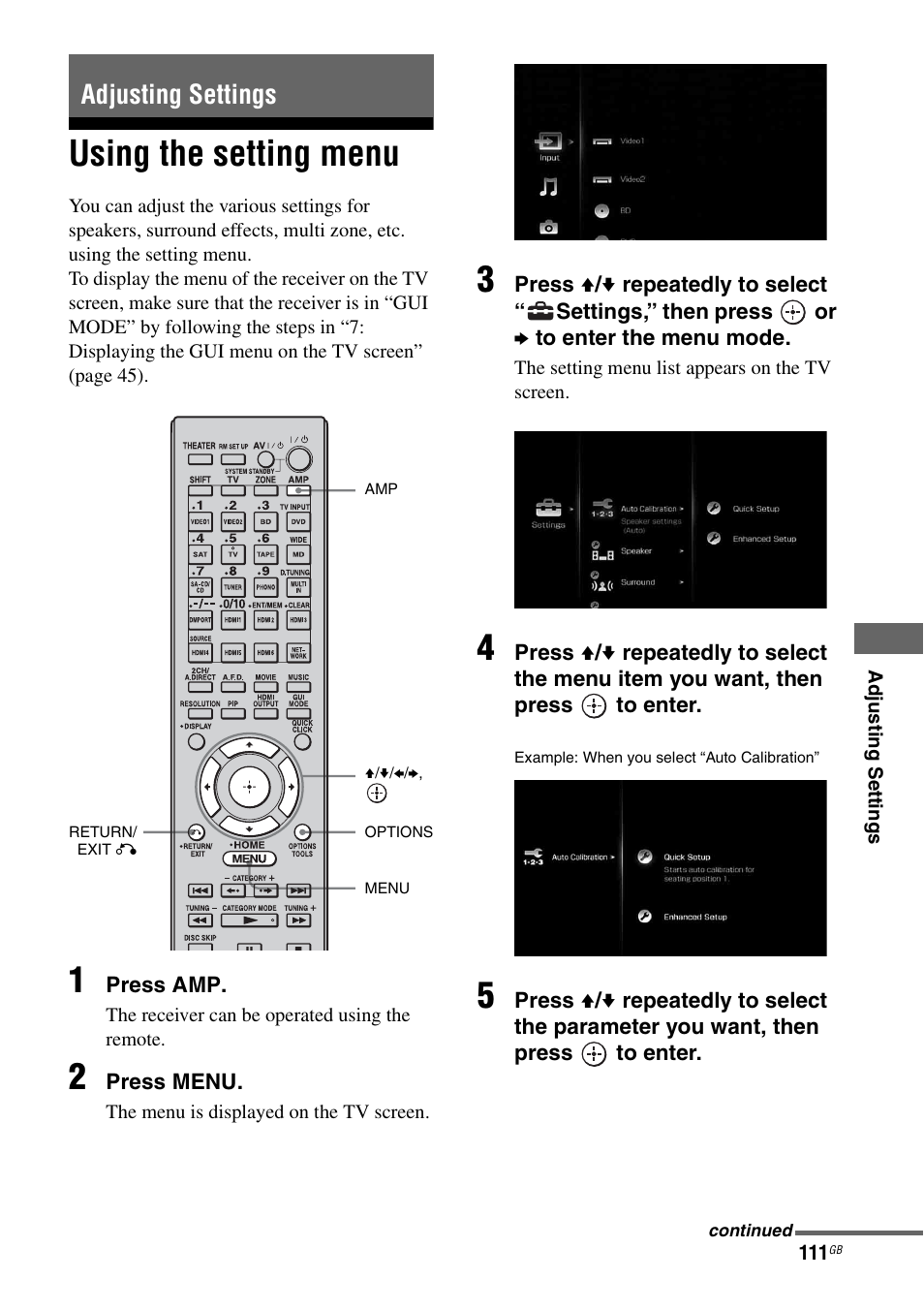 Adjusting settings, Using the setting menu | Sony STR-DA6400ES User Manual | Page 111 / 175