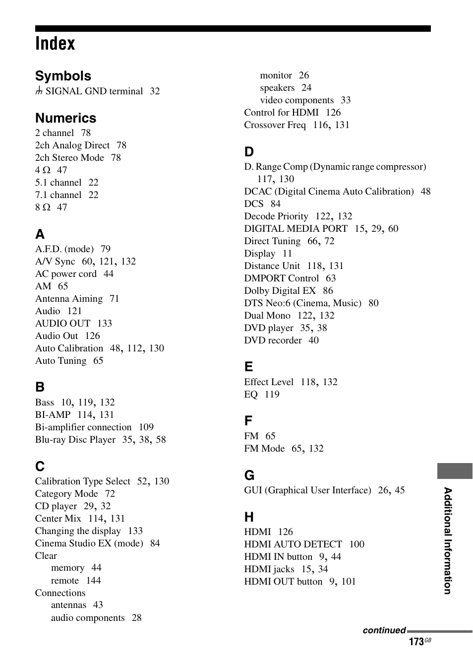 Index, Symbols, Numerics | Sony STR-DA6400ES User Manual | Page 173 / 175