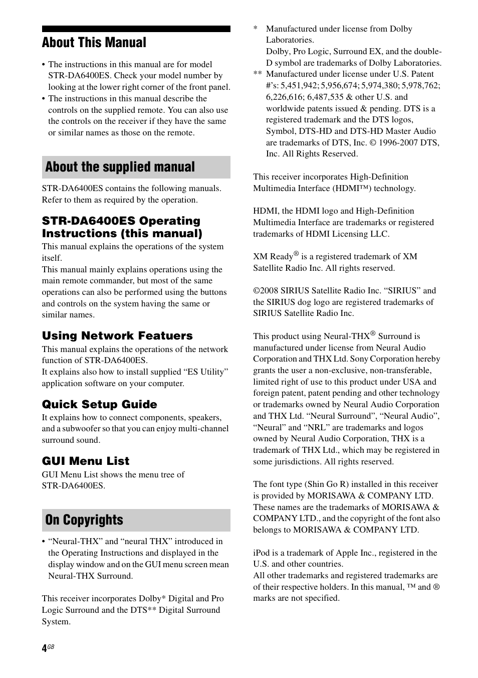 About this manual, About the supplied manual on copyrights, Str-da6400es operating instructions (this manual) | Using network featuers, Quick setup guide, Gui menu list | Sony STR-DA6400ES User Manual | Page 4 / 175