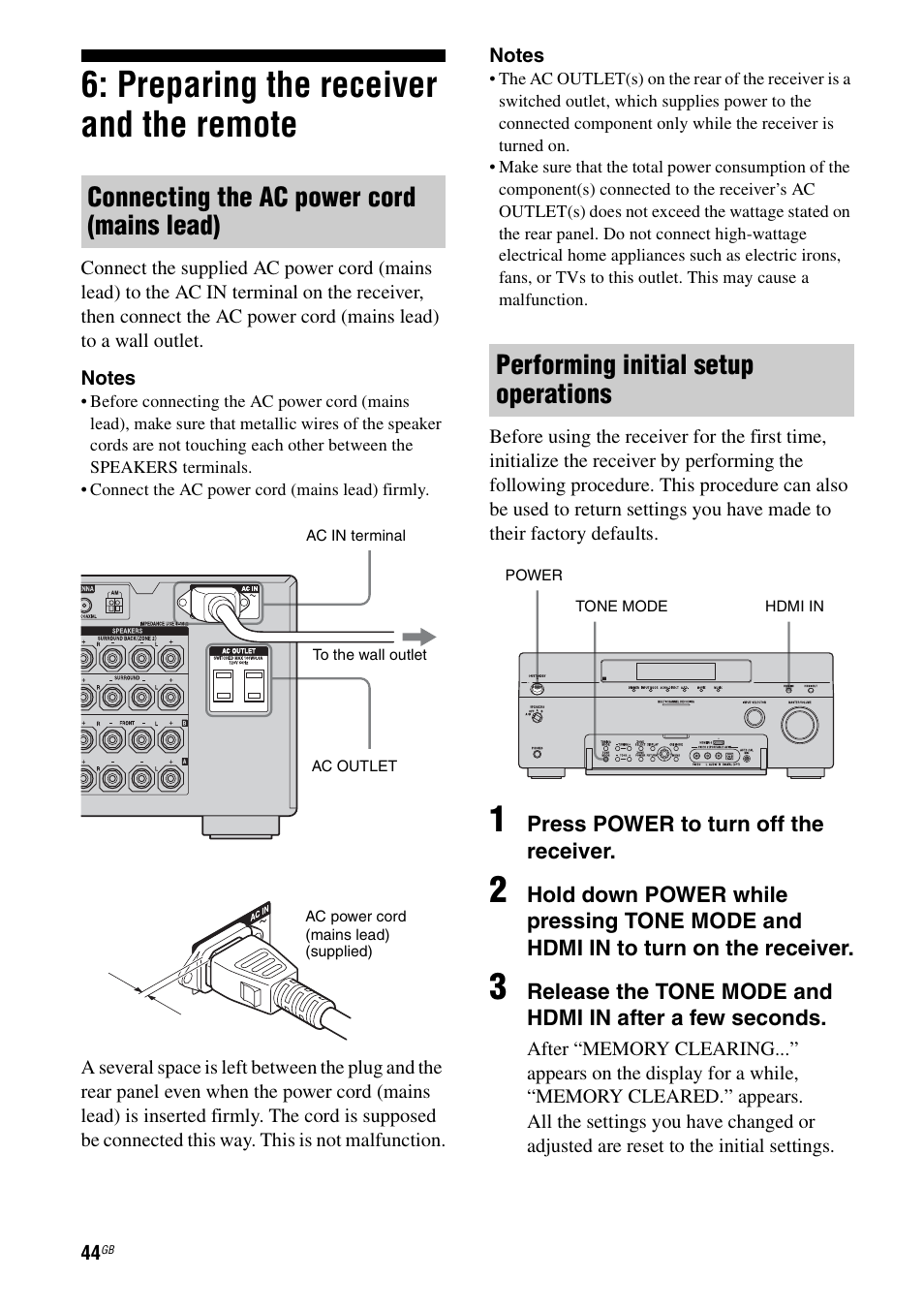 Preparing the receiver and the remote, Connecting the ac power cord (mains lead), Performing initial setup operations | Sony STR-DA6400ES User Manual | Page 44 / 175