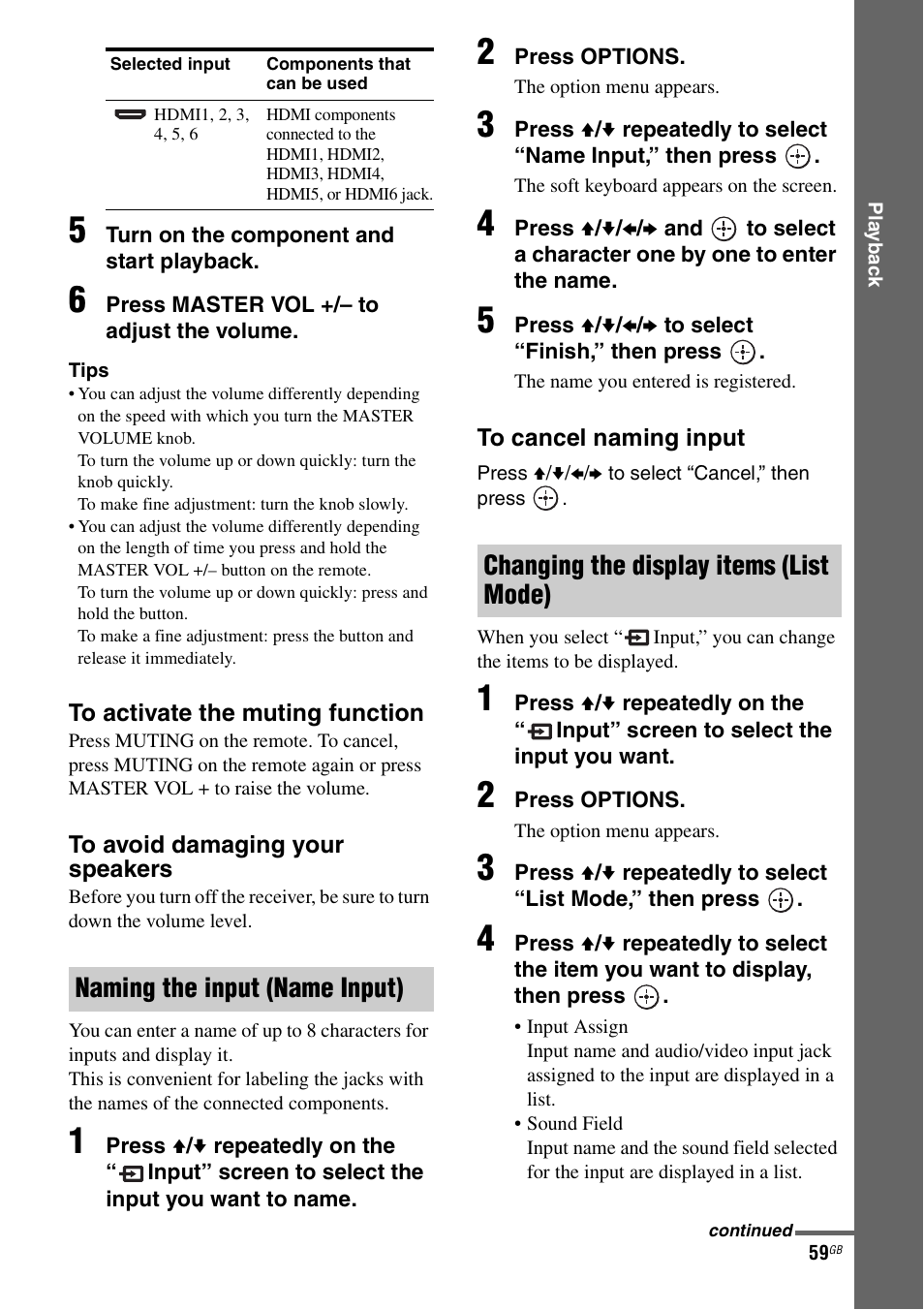 Naming the input (name input), Changing the display items (list mode) | Sony STR-DA6400ES User Manual | Page 59 / 175