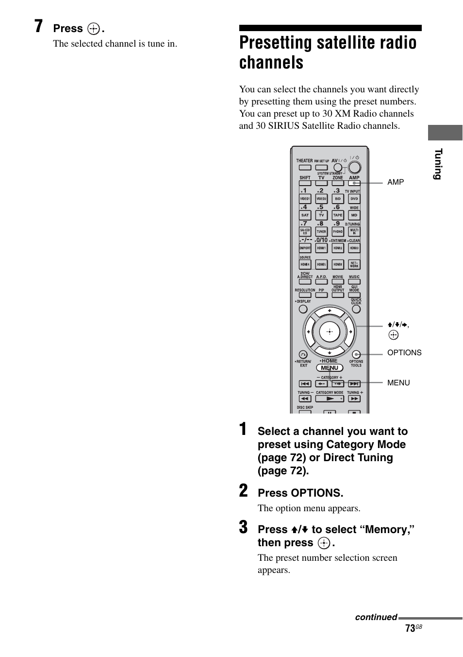 Presetting satellite radio channels | Sony STR-DA6400ES User Manual | Page 73 / 175