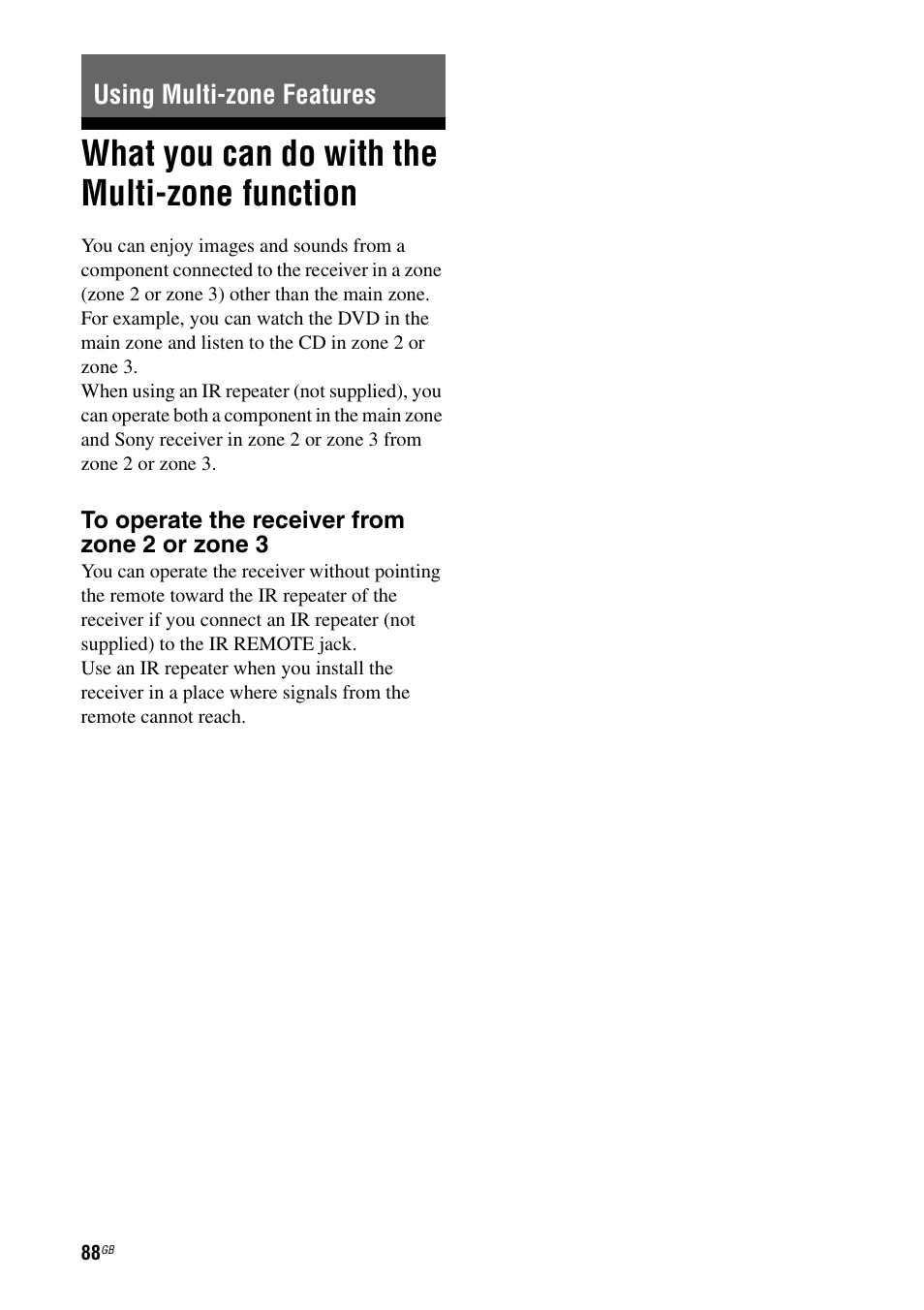 Using multi-zone features, What you can do with the multi-zone function, What you can do with the multi-zone | Function | Sony STR-DA6400ES User Manual | Page 88 / 175