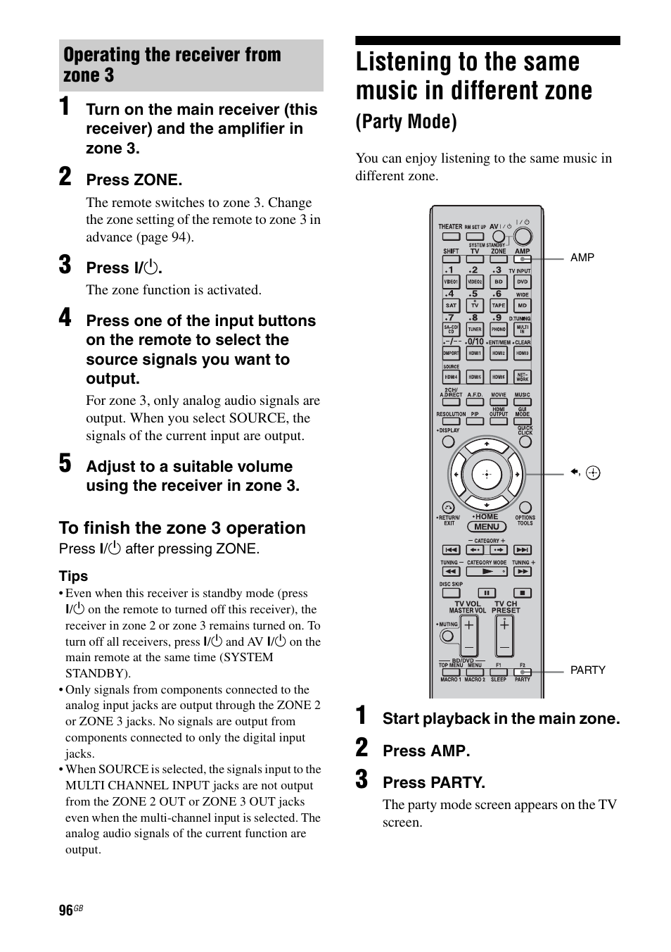 Listening to the same music in different zone, Party mode) | Sony STR-DA6400ES User Manual | Page 96 / 175