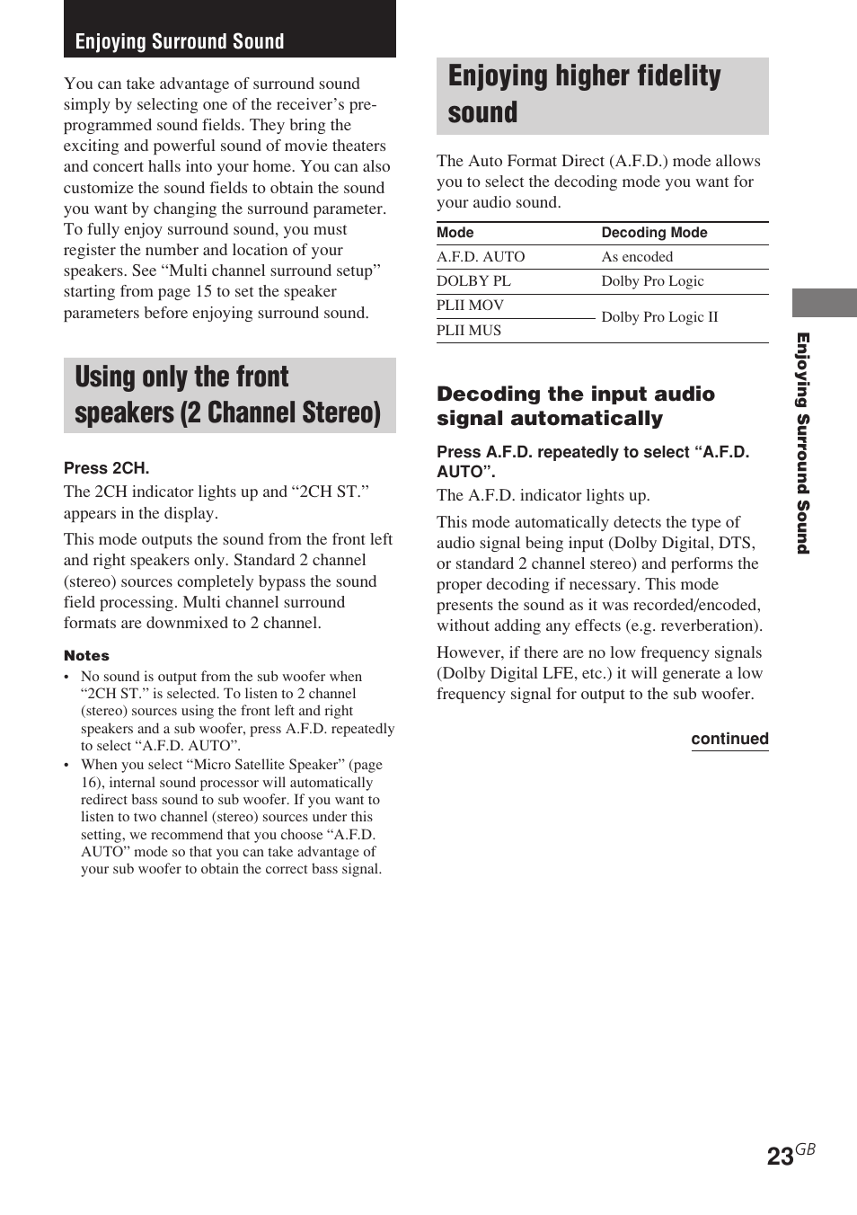 Enjoying surround sound, Using only the front speakers, 2 channel stereo) | Enjoying higher fidelity sound, Using only the front speakers (2 channel stereo) | Sony STR-DE495 User Manual | Page 23 / 48