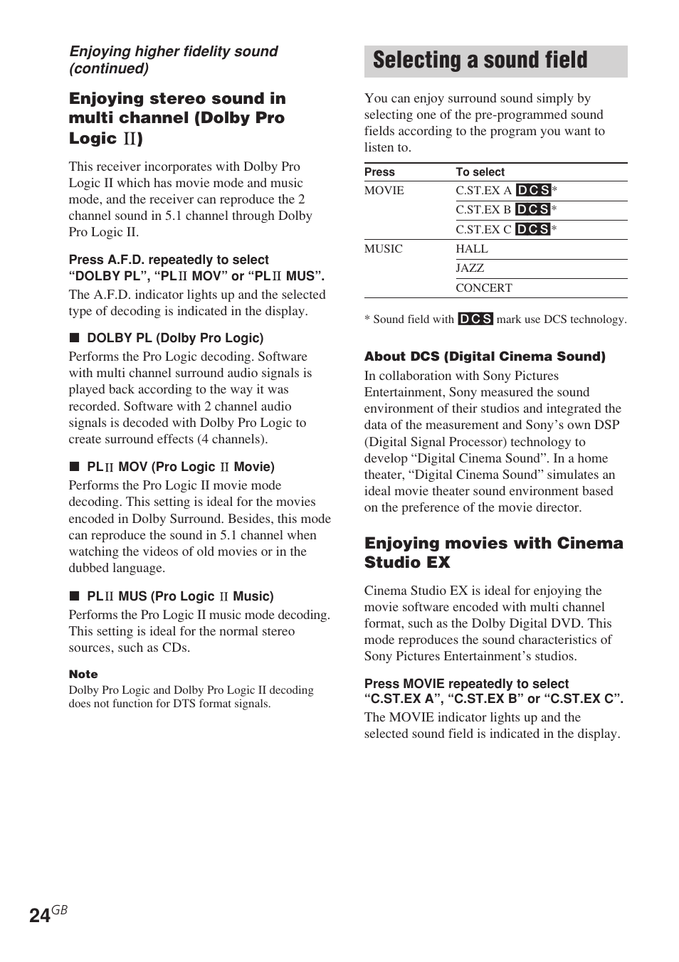 Selecting a sound field | Sony STR-DE495 User Manual | Page 24 / 48