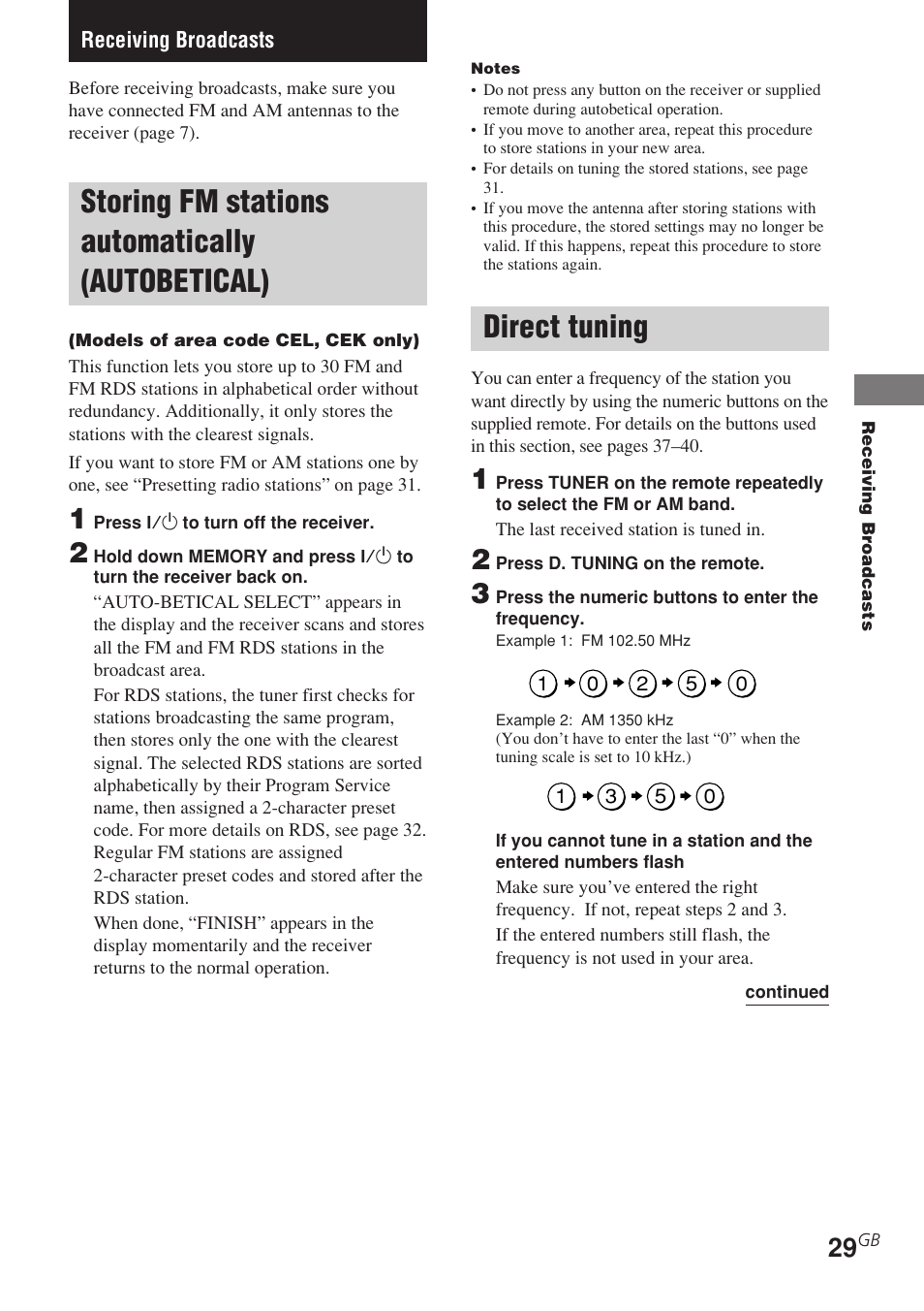 Receiving broadcasts, Storing fm stations automatically, Autobetical) | Direct tuning, Storing fm stations automatically (autobetical) | Sony STR-DE495 User Manual | Page 29 / 48