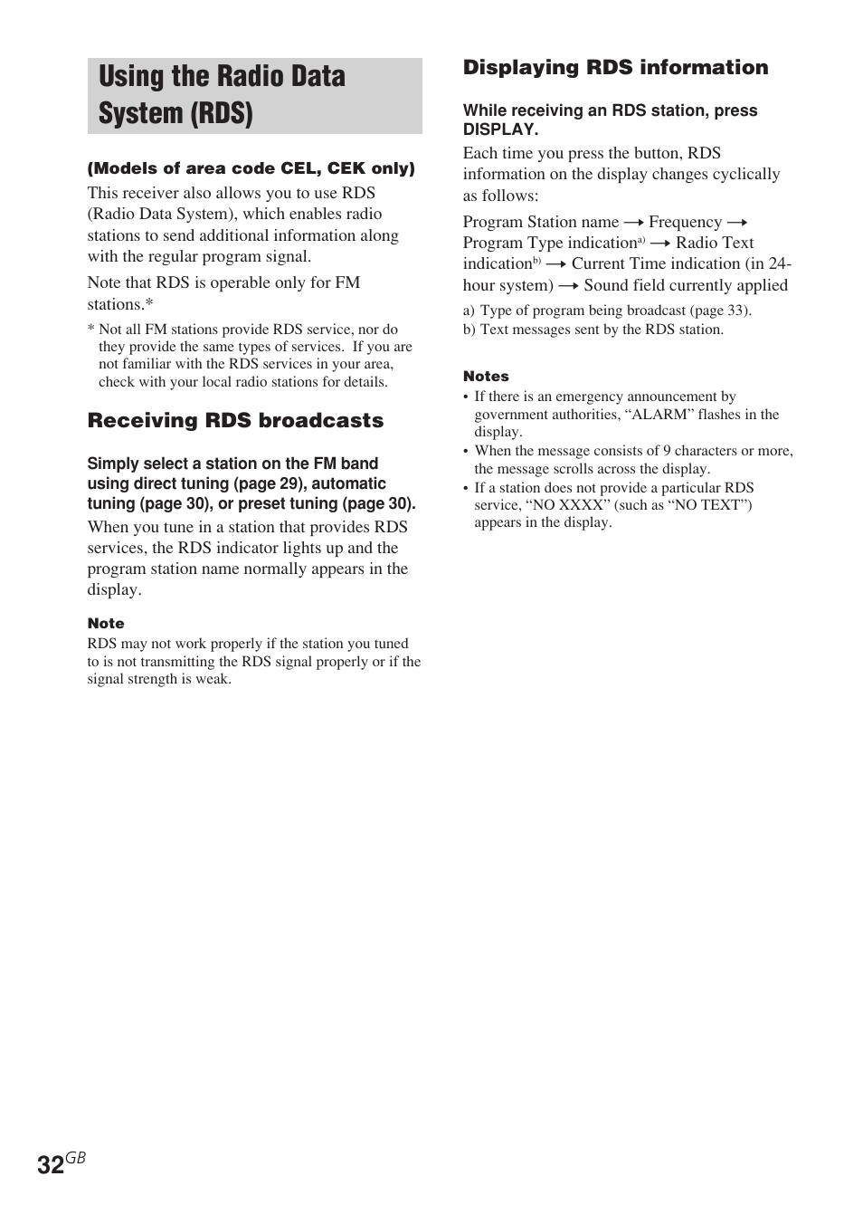 Using the radio data, System (rds), Using the radio data system (rds) | Receiving rds broadcasts, Displaying rds information | Sony STR-DE495 User Manual | Page 32 / 48