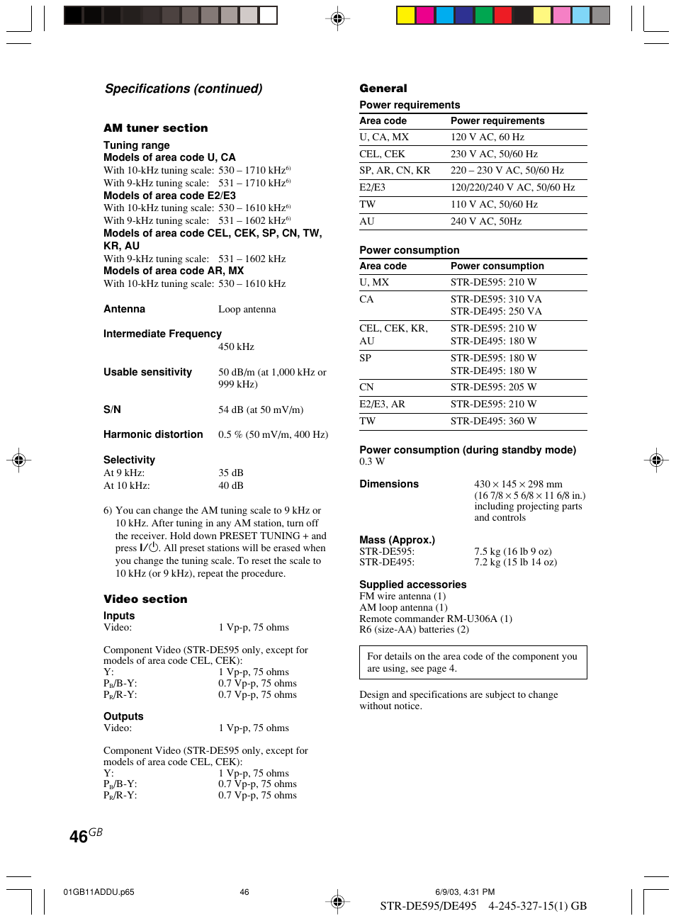 Specifications (continued) | Sony STR-DE495 User Manual | Page 46 / 48