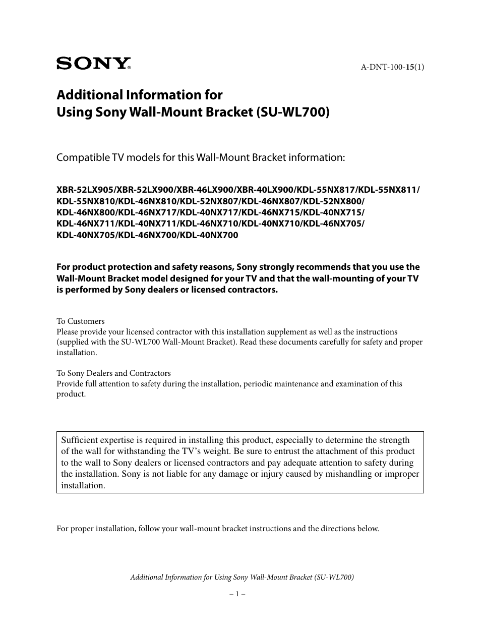 Sony KDL-46NX800 User Manual | 7 pages