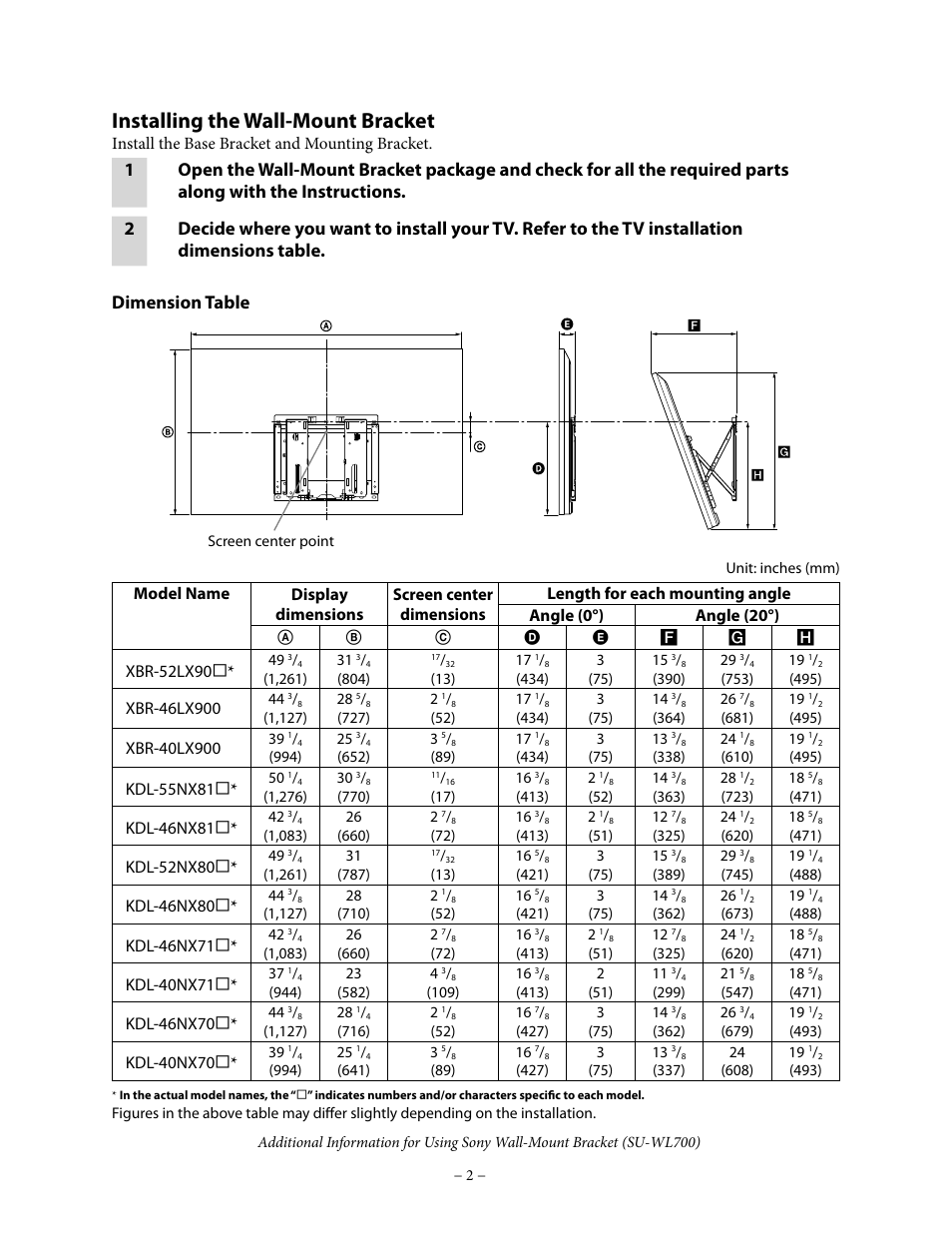 Installing the wall-mount bracket, Install the base bracket and mounting bracket, Xbr-52lx90 | Kdl-55nx81, Kdl-46nx81, Kdl-52nx80, Kdl-46nx80, Kdl-46nx71, Kdl-40nx71, Kdl-46nx70 | Sony KDL-46NX800 User Manual | Page 2 / 7