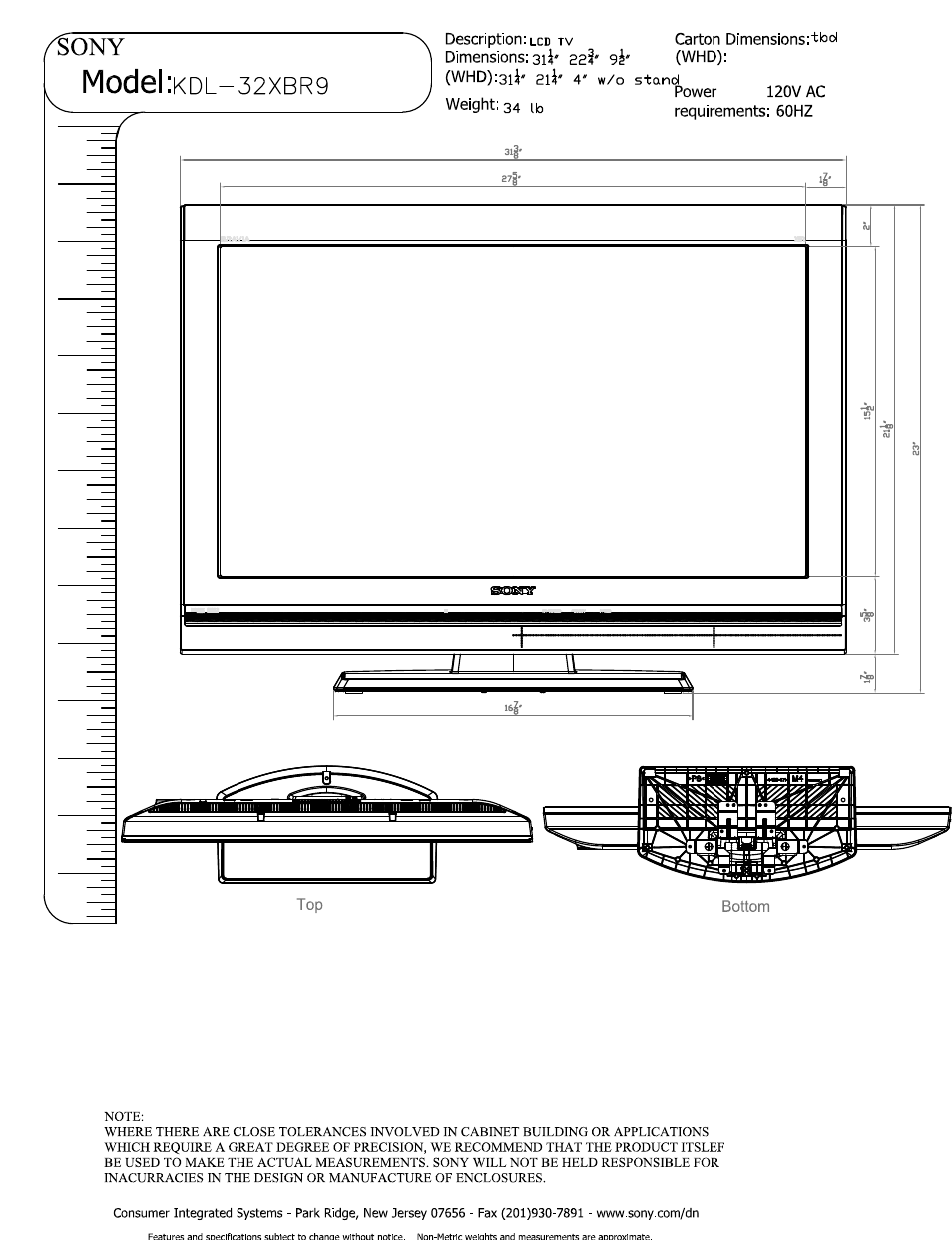 Sony KDL-32XBR9 User Manual | 2 pages