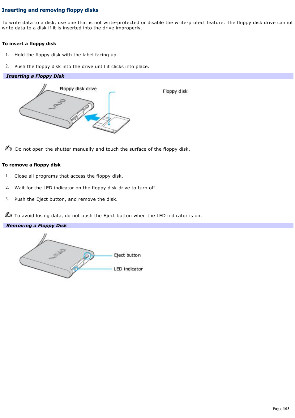 Inserting and removing floppy disks | Sony PCG-K23 User Manual | Page 103 / 149