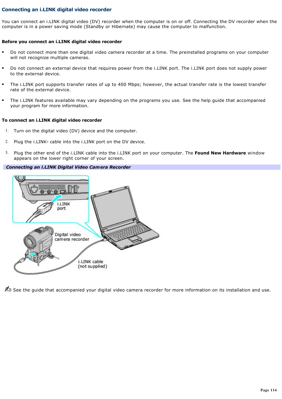 Connecting an i.link digital video recorder | Sony PCG-K23 User Manual | Page 114 / 149