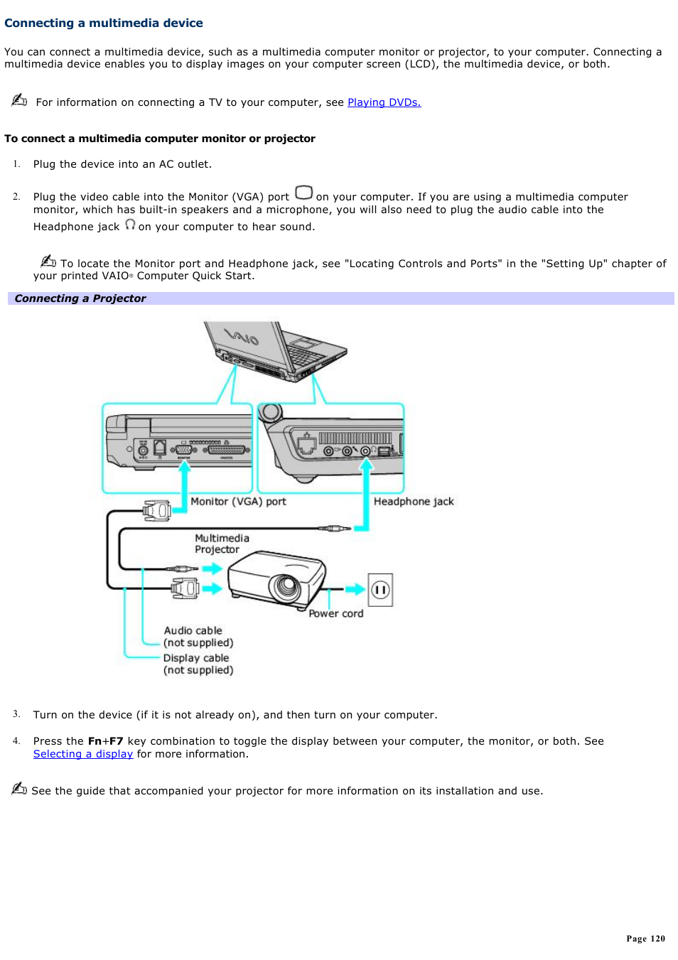 Connecting a multimedia device | Sony PCG-K23 User Manual | Page 120 / 149