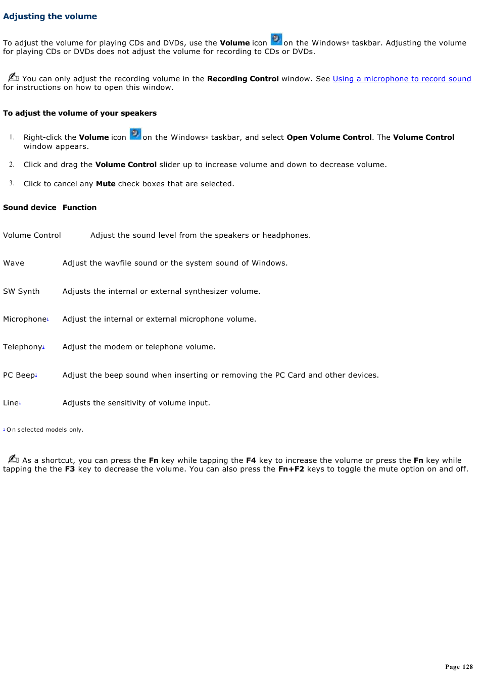 Adjusting the volume | Sony PCG-K23 User Manual | Page 128 / 149