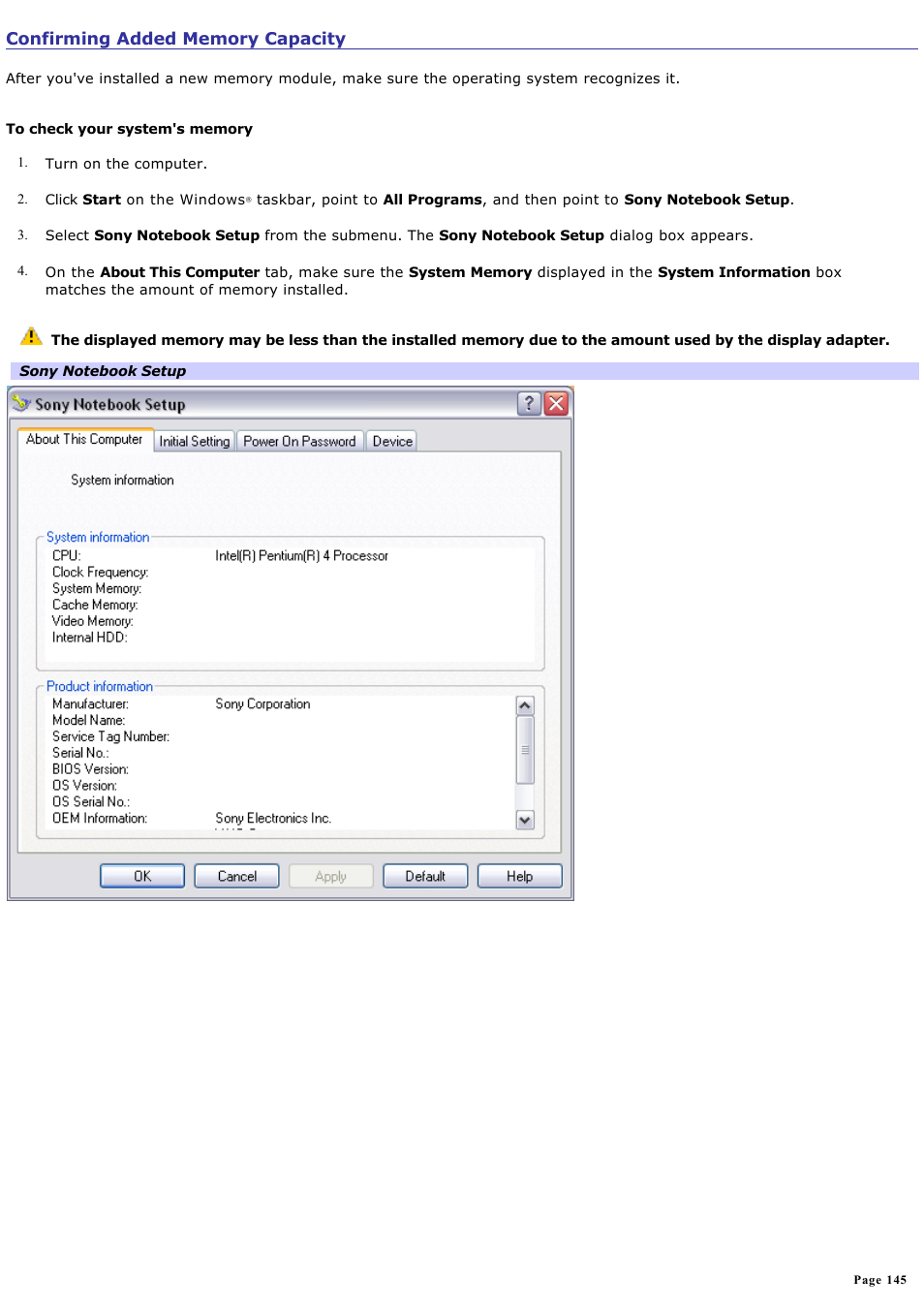 Confirming added memory capacity | Sony PCG-K23 User Manual | Page 145 / 149