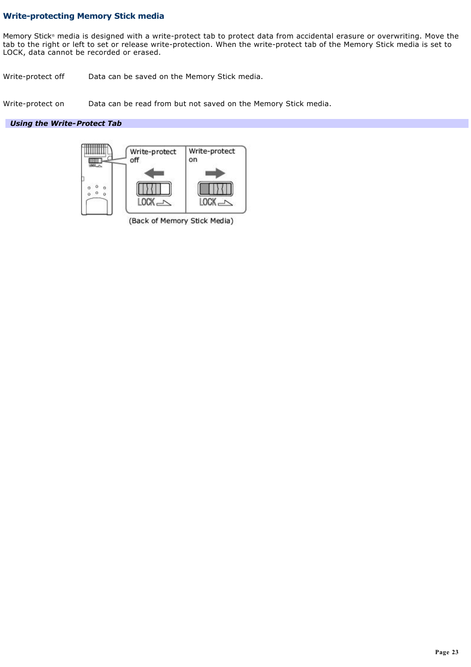 Write-protecting memory stick media | Sony PCG-K23 User Manual | Page 23 / 149