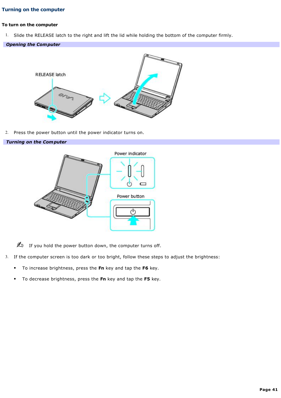 Turning on the computer | Sony PCG-K23 User Manual | Page 41 / 149