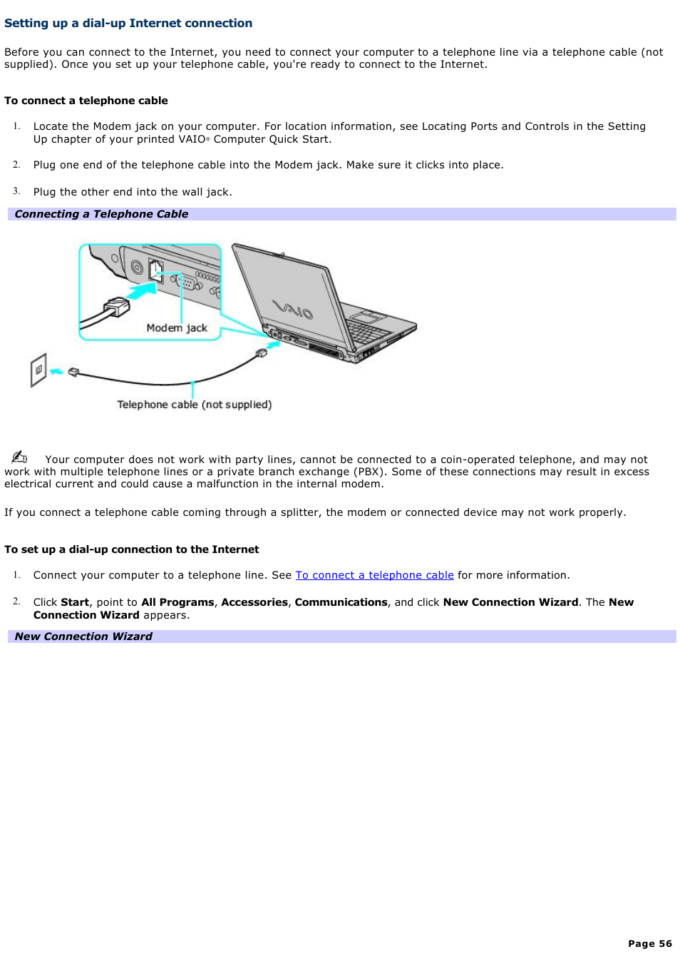 Setting up a dial-up internet connection | Sony PCG-K23 User Manual | Page 56 / 149