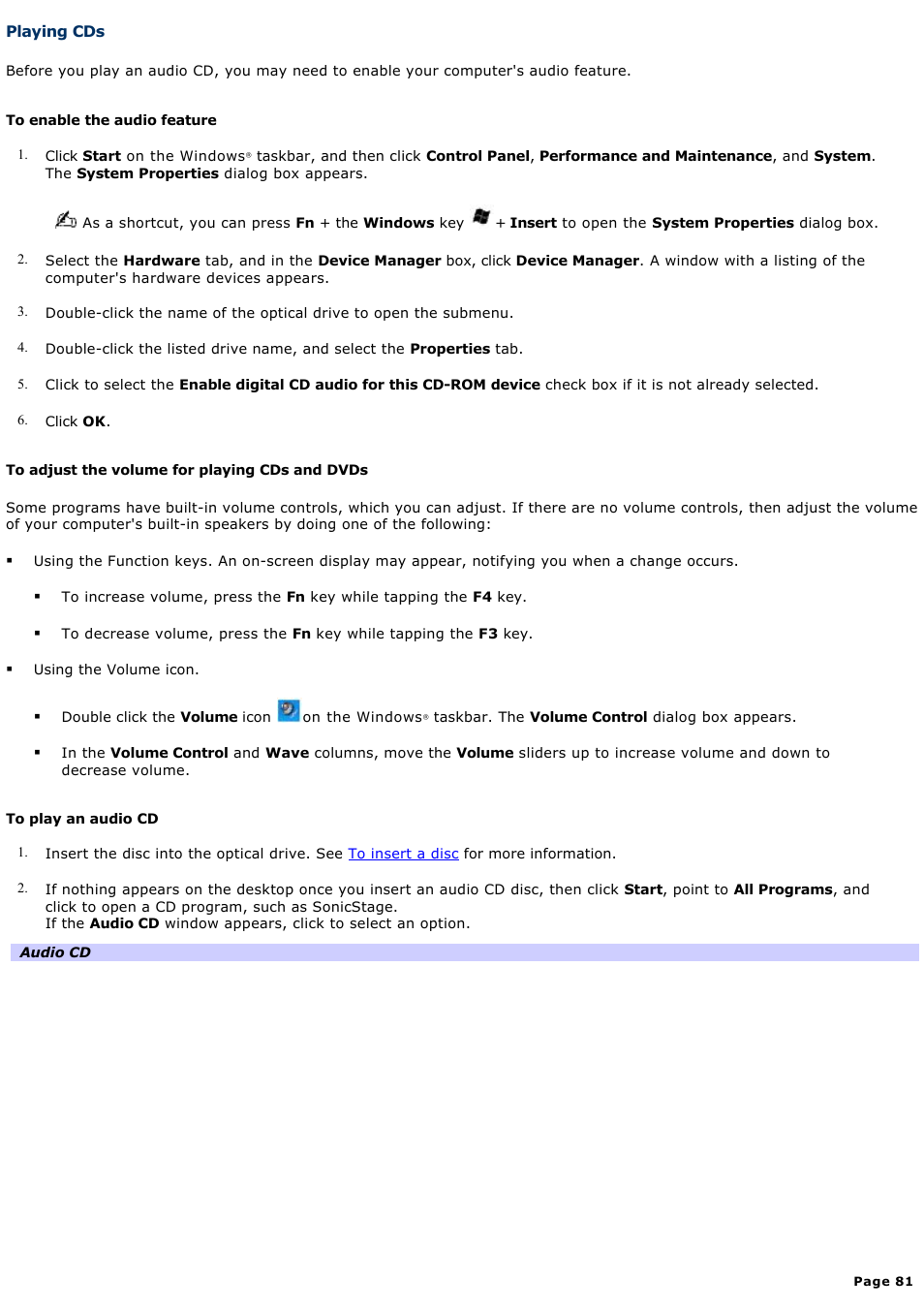 Playing cds | Sony PCG-K23 User Manual | Page 81 / 149