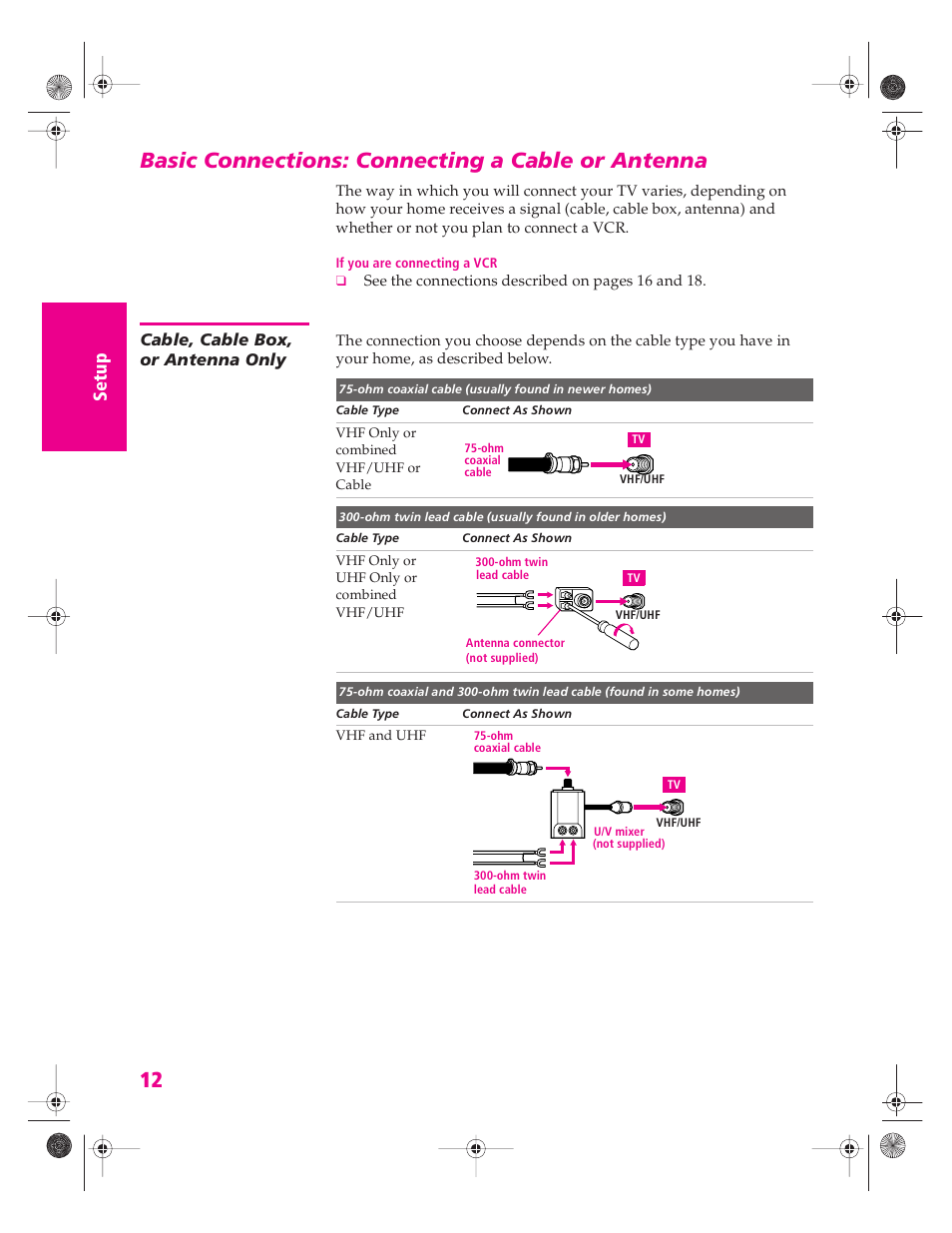 Basic connections: connecting a cable or antenna, Cable, cable box, or antenna only | Sony KV-34HS420 User Manual | Page 13 / 73