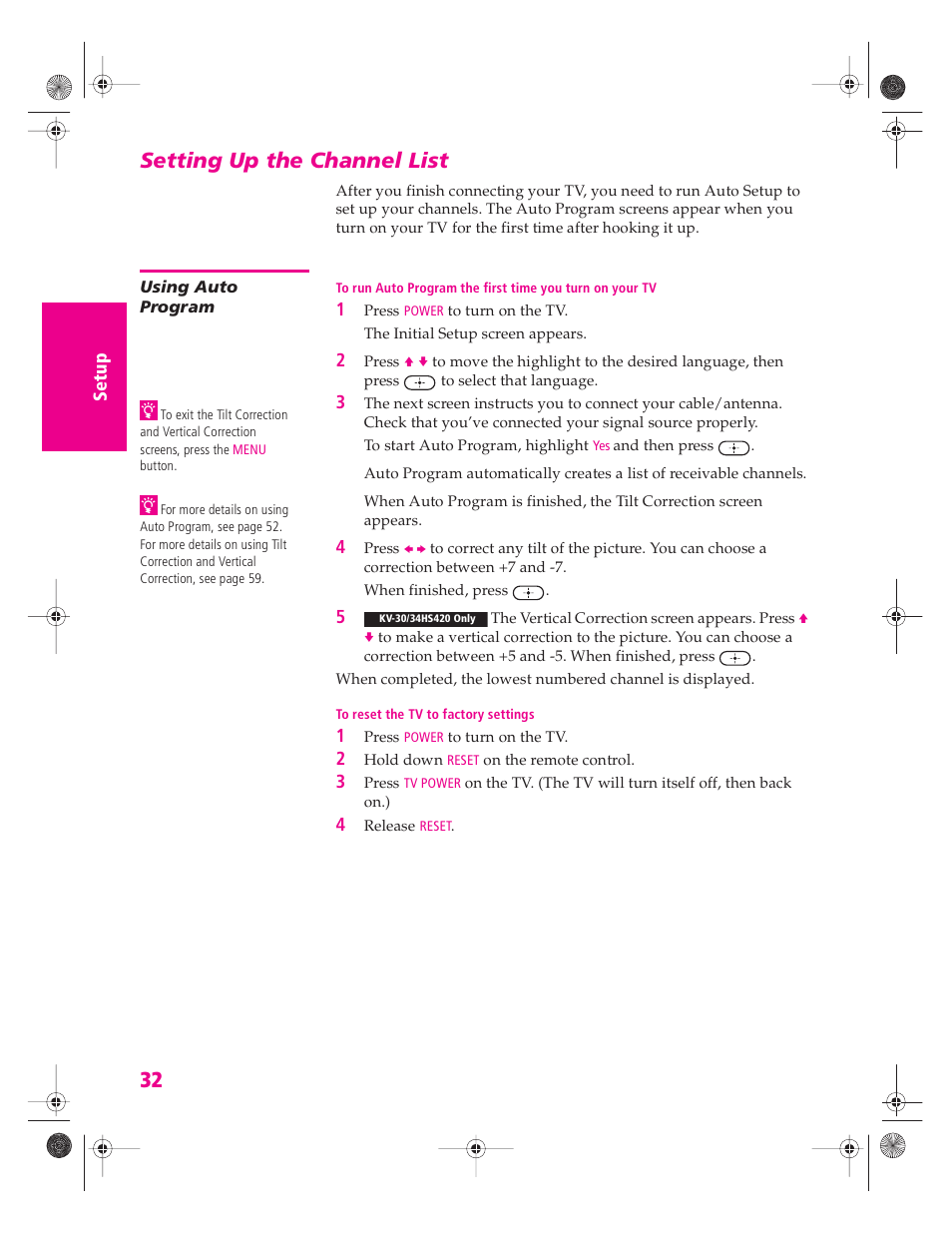 Setting up the channel list, Using auto program | Sony KV-34HS420 User Manual | Page 33 / 73