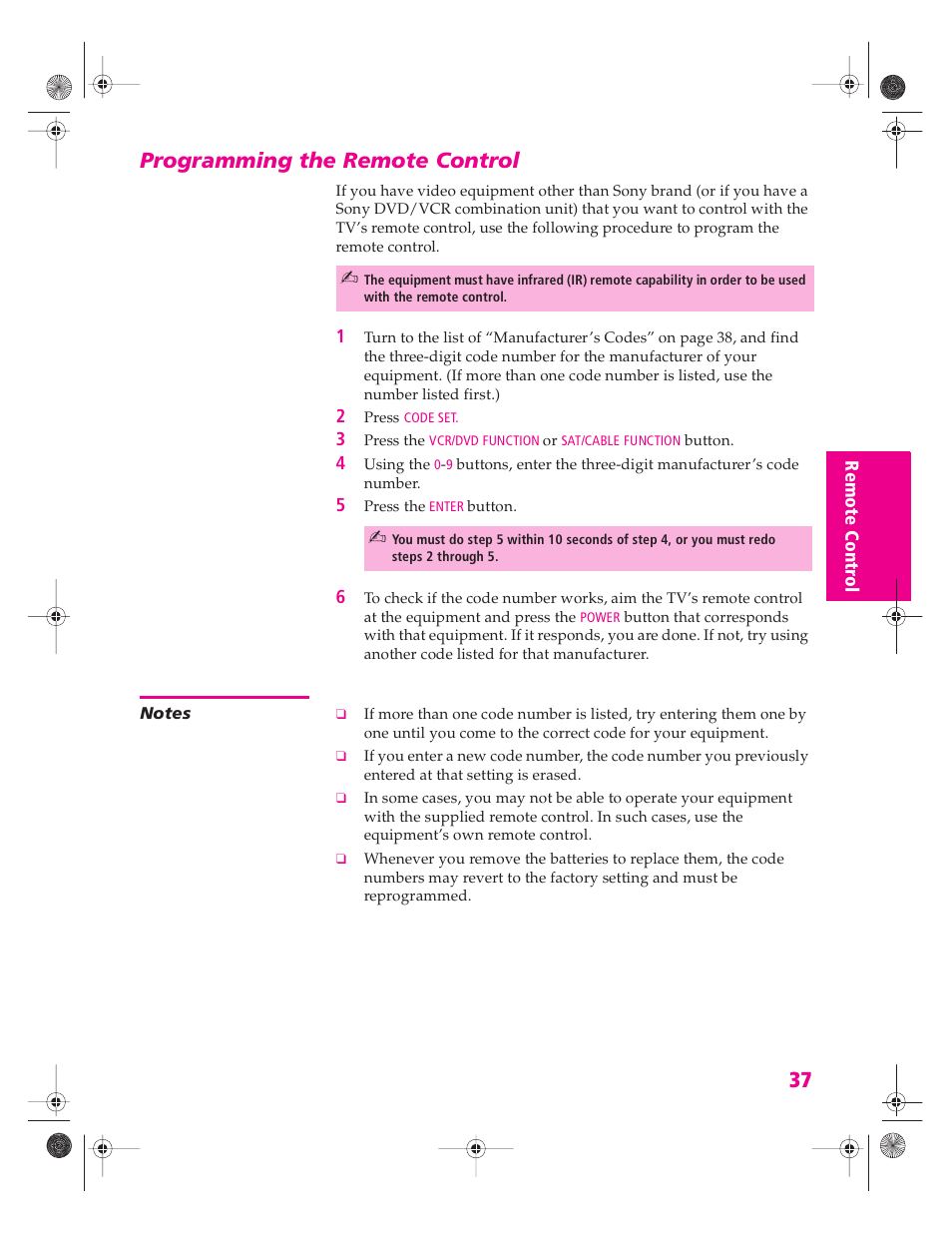 Programming the remote control, Notes | Sony KV-34HS420 User Manual | Page 38 / 73