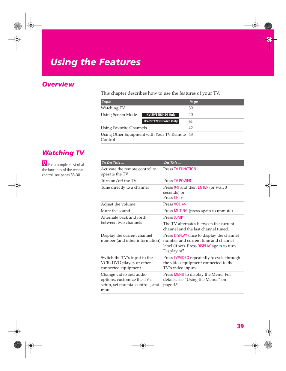 Using the features, Overview, Watching tv | Overview watching tv | Sony KV-34HS420 User Manual | Page 40 / 73